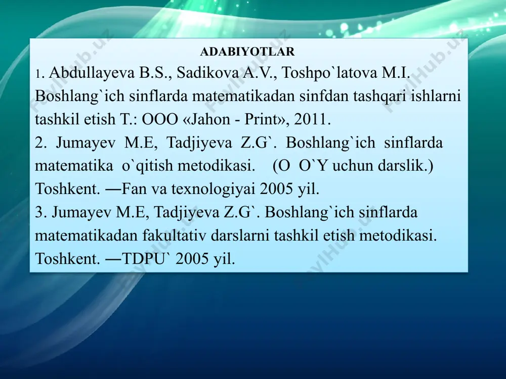 lmasligi kerak. mashg`ulot o`tkazish uchun har xil qiziqarli arifmetik va geometrik mazmunli masalalar, qiyinroq masalalar, hazil masalalar, masalalar tuzishga doir masalalar, qiziqarli kvadratlar, rebuslar, topishmoqlar va boshqalar material bo`lib xizmat qiladi. matematik to`garak matematikadan tizimli sinfdan tashqari ishning eng ko`p tarqalganidan biri. uning asosiy vazifasi – matematikaga alohida qiziqish ko`rsatgan o`quvchilar bilan bajariladigan chuqurlashtirilgan ish. namuna uchun ikkinchi yarim yillikda 1-sinfda o`tkazilgan ba‘zi to`garak mashg`ulotlarining taxminiy rejalarinini keltiramiz. i mashg`ulot. 1. rebuslarni o`ylab topish. 2. qo`shishga oid qiziqarli masalalar. 3. 100 ichida raqamlashni bilishni tekshirishga oid mashqlar. 4. тopqirlikni talab qiladigan masalalar. 5. hazil masala. 6. тopishmoqlar. 7. quvnoq sanoq (20 ichida) o`yini. ii mashg`ulot. 1. rebuslarni o`ylab topish. 2. тopqirlikni talab qiluvchi she‘riy masalalar. 3. geometrik figuralarni tahlil qilishga doir mashqlar. 4. hazil masala. 5. “sonni to`ldir” o`yini. iii mashg`ulot. dars tipidagi to`garak mashg`uloti. matematika fanidan sinfdan tashqari tadbirlar тadbir shakli.тadbir mavzusi. тadbir maqsadi. o`qituvchi faoliyati. o`quvchi faoliyati. matematik …