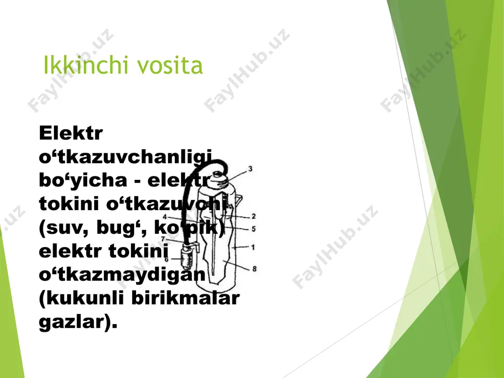 s zaryadning ishqoriy qismi joylashgandir. u gidro karbonat natriy suvli eritmasi (400 g) va tuzli ekstrakt 150g) dan iborat. ko‘pikning chidamliligini oshirish uchun miqdoriy qismiga kichik miqdorda vspenivaniya zaryadning kislotali qismi polietilenli stakanga joylashtirilgan va undan sulfat kislota, temir sulfat va alyuminiy sulfat mavjud. ish bajarilmagan holatda kislota qismi stakanda klapan bilan bekitilgan. undan so‘ng shox maxkamlangan va stakan devoriga prujina bilan qistirilgan. olov o‘chirish qurilmasini harakatga keltirish uchun dastakni yuqoriga burab va olov o‘chirish qurilmasini tuntarib qo‘yish kerak. reaksiya natijasida katta miqdorda uglevodorod 2 oksidi ajralib chiqadi va bosim 0,1 mpa ga yetganida zapornaya membrana tomon otilib chiqadi. undan so‘ng purkash orqali ko‘piklar qatlami chiqariladi. ko‘piklarning hosil bo‘lish karraligi 6, uni xajmi 43 l, vaqti 60 s. uglekislotali o‘t o‘chirgichlar o‘o‘o‘-2, o‘o‘o‘-5 kichik turdagi har xil moddalar kuygandan o‘chirish uchun ishlab chiqarilgan. 1000v dan yuqori bo‘lmagan kuchlanish ostida to‘rgan elektro qurilmalar 400s dan + 500s gacha harorat oralig‘ida qo‘llaniladi. …