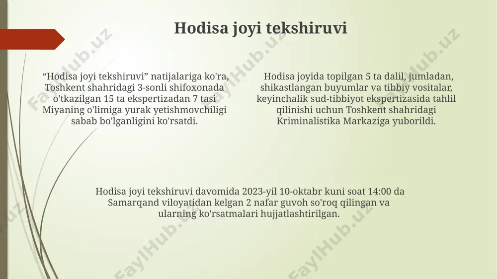 k. miyada bosh miya travmasi, masalan, 5 metr balandlikdan yiqilish natijasida yuzaga kelgan kranio-serbral jarohatlar, oʻlimga olib keluvchi jiddiy asoratlarni keltirib chiqarishi mumkin. miyada 20-30 yosh oraligʻida yurak-qon tomir kasalliklari, xususan, toʻsatdan yurak yetishmovchiligi, toshkent shahrida keng tarqalgan sabab hisoblanadi va bu oʻlimga olib kelishi mumkin. toksikologik tahlil qon namunalarida 15 ga yaqin turli dori vositalarining izlari topildi, ularning konsentratsiyasi moskva shahridagi ekspertlar tomonidan batafsil o'rganilgan. tahlilda 2 ppm dan yuqori miqdorda siyanovodrod kislotasi aniqlangan bo'lib, bu miqdor o'limga olib kelishi mumkin bo'lgan darajadadir. buxoro shahridagi ekspertizadan qo'shimcha ma'lumotlar olingan. toksikologik tahlil natijalari, 30 dan ortiq moddaning mavjudligini ko'rsatib, ulardan 5 tasi istanbul shahridagi laboratoriya tomonidan o'limga sabab bo'lishi mumkinligi aniqlangan. ichki organlar holati qorin bo'shlig'ida 2 litrdan ortiq suyuqlik to'planishi kuzatildi, bu esa peritonitning rivojlanishiga va osaka shahridagi ekspertiza xulosasida keltirilgan. yurak mushaklarida diffuz distrofik o'zgarishlar aniqlangan, miokardning 30% ga yaqini nekroz holatida bo'lib, bu kiotodagi mutaxassislar tomonidan tasdiqlangan. …