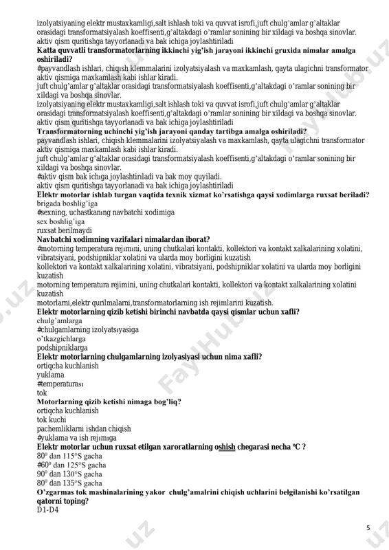 shlash toki va quvvat isrofi,juft chulg’amlar g’altaklar orasidagi transformatsiyalash koeffisenti,g’altakdagi o’ramlar sonining bir xildagi va boshqa sinovlar. salt ishlash toki va quvvat isrofi,juft chulg’amlar g’altaklar orasidagi transformatsiyalash koeffisenti. juft chulg’amlar g’altaklar orasidagi transformatsiyalash koeffisenti,g’altakdagi o’ramlar sonining bir xildagi va boshqa sinovlar. transformatorning ikkinchi yig’ish jarayoni qanday tartibga amalga oshiriladi? salt ishlash toki va quvvat isrofi,juft chulg’amlar g’altaklar orasidagi transformatsiyalash koeffisenti. juft chulg’amlar g’altaklar orasidagi transformatsiyalash koeffisenti,g’altakdagi o’ramlar sonining bir xildagi va boshqa sinovlar. izolyatsiyaning elektr mustaxkamligi,salt ishlash toki va quvvat isrofi,juft chulg’amlar g’altaklar orasidagi transformatsiyalash koeffisenti,g’altakdagi o’ramlar sonining bir xildagi va boshqa sinovlar. #aktiv qism quritıshga tayyorlanadi va bak ichiga joylashtiriladi katta quvvatli transformatorlarning ikkinchi yig’ish jarayoni necha gruxga bo’linadi? #2 1 3 4 katta quvvatli transformatorlarning ikkinchi yig’ish jarayoni birinchi gruxida nimalar amalga oshiriladi? #chiqish klemmalarıni ulashga tayyorlash,qayta ulagichning barcha detallarini joy-joyiga o’rnatish va boshqa operatsiyalar kiradi. juft chulg’amlar g’altaklar orasidagi transformatsiyalash koeffisenti,g’altakdagi o’ramlar sonining bir xildagi va boshqa …