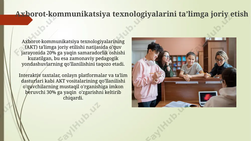 ilashga xizmat qildi. zamonaviy pedagogika tamoyillari va ularning qoʻllanilishi ta'limda "flipped classroom" (teskari sinf) modeli va onlayn platformalardan foydalanish o'quvchilarning mustaqil ishlash ko'nikmalarini rivojlantirishda 30% ga o'sishini ta'minlaydi. oʻzbekistonda 2020 yildan beri 1000 dan ortiq maktabda faol oʻquv uslublari, masalan, loyiha uslubi va muammoli ta'lim, zamonaviy pedagogika tamoyillari asosida joriy etildi. kelajakdagi istiqbollar va strategik yoʻnalishlar kelajakdagi ta'lim strategiyasi 2030-yilgacha bo'lgan davr uchun 5 ta asosiy yo'nalishni, jumladan, raqamli texnologiyalarni jadal qo'llashni va stem fanlarini rivojlantirishni o'z ichiga oladi. ta'lim muassasalarining avtonomiyasini oshirish va 2025-yilga qadar kamida 100 ta maktabda innovatsion pedagogik yondashuvlarni sinovdan o'tkazish rejalashtirilgan. taʼlimda innovatsiyalar va yangi texnologiyalar onlayn ta'lim platformalaridan foydalanish 2022 yilda 15% ga oshdi, bu esa masofadan turib o'qitish imkoniyatlarini kengaytirdi va 1 millionga yaqin o'quvchini qamrab oldi. ta'limda sun'iy intellekt texnologiyalarining qo'llanilishi o'quv jarayonini individualizatsiyalashtirishga yordam beradi, natijada o'quvchilarning 30% ga yaqini o'zlashtirish darajasini oshiradi. taʼlimning ijtimoiy-iqtisodiy samaradorligi malikali kadrlar tayyorlash orqali bandlik …