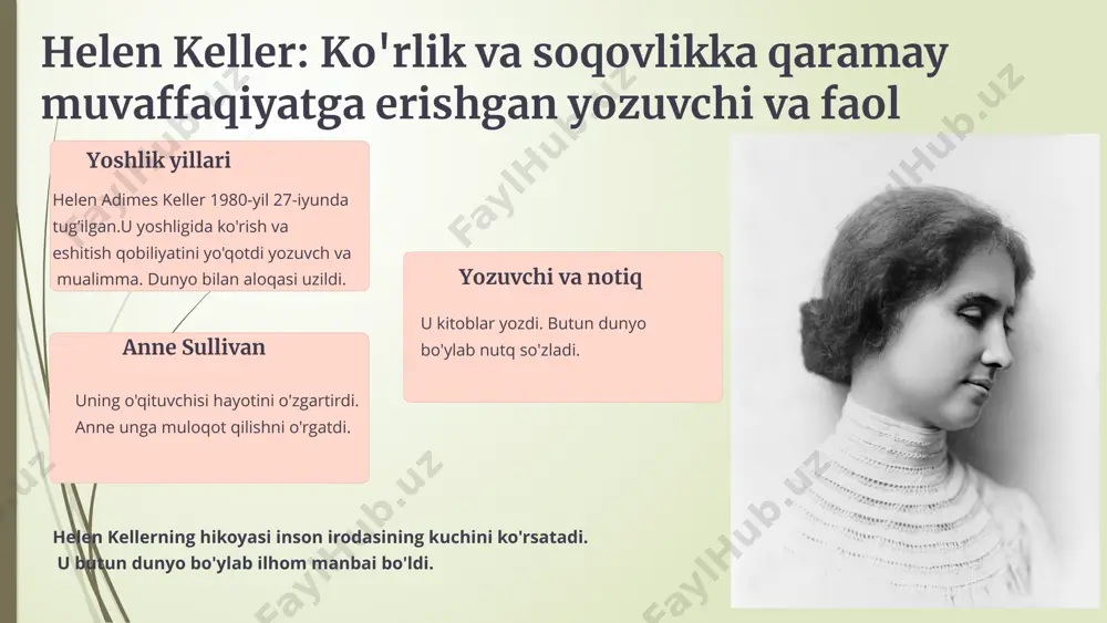 shug'ullanadi. nik vuychichning hikoyasi inson ruhining qudratini isbotlaydi. u hech qanday to'siq yo'qligini ko'rsatdi. 5 vincent willem van gogk taniqli rassom vincent willem van gogk 1853-yil 30-martda zundert niderlandiya shaxrida tug’ilgan. van gogk post-impressionism deb ataladigan rassomlik yo’nalishining eng mashxur vakili.uning asarlari yorqin ranglar bilan ajralib turadi. u umrining ko’p qismini qashoqlikda ruhiy bezovtalikda o’tkazgan hayoti davomida faqat birgina rasm sotgan ammo vafotidan keyin uning sa’natdagi o’rni tan olingan va hozirda u dunyoning eng mashxur rassomlaridan biri hisoblanadi. mashxur asarlar: ,,yulduzli tun” 1889-yilda chizilgan taniqli asari ,,quyosh guli” –turli versiyalarda chizilgan mashxur gular ,,o’z portreti” –u o’zini portretini ko’p marta chizgan ,,arl rohibxonasi bog’i” ,,arl shaxridagi sariq uy” 6 image1.jpg image2.jpg image3.png image4.png image5.png image6.jpg image7.jpg image8.png image9.png image10.png image11.png image12.jpg