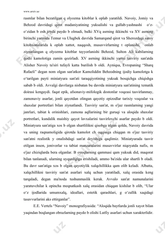 a esa shе'rda “risolai xat” asarini yaratgan. qur'onda jonivorlar tasvirini chizmaslik qaqida maxsus ta'kidlanmagan bо‘lsa qam, islom dini asrlar davomida rasm san'atining rivojiga t оsqinlik qilib kеldi. arab grafikasining turli variantlari ishlab chiqilib, xatning o‘zi san'at asariga aylanib qolganligining sababi qam shunday bо‘lsa kеrak. qо‘lyozma kitoblar qaqida xattotlik san'atining bilimdoni a. murodov: “ sharq. mamlakatlarida va o‘rta osiyoda xristian va buddizm dunyosida k оrilmagan xattotlik, xat unsurlari bilan boqlangan naqqoshlik, kompozitsiya va xat san'ati asosiga qurilgan badiiy q оlyozmalar san'ati aloqida taraqqiy etgan”, dеydi. xqx - xv asrlarda movarounnaqr, xuroson va eronda, ayniqsa xv asrning ikkinchi yarmida ) qirotda, xvq asrda esa buxoro va tabrizda naqshlar va m о'jaz rasmlar bilan bеzatilgan q оlyozma kitoblar k оplab yaratildi. navoiy, jomiy va behzod davridagi qirot madaniyatining yuksalishi va gullab-yashnashi o‘z- o‘zidan b оsh joyda paydo b оlmadi, balki xvq asrning ikkinchi va xv asrning birinchi yarmida tеmur va ulugbеk davrida samarqand …