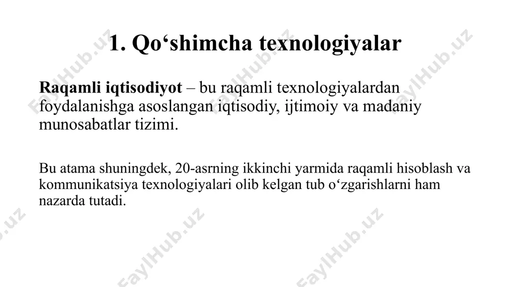 lash oʻrinliki, ikki hil maqsadda foydalanishga moʻljallangan mazkur milliy loyiha markaziy osiyoda ilk bor oʻzbekistonda oʻzlashtirildi va yoʻlga qoʻyildi. markaz uchuvchisiz aviatsiya majmualarini ishlab chiqarish, yigʻish, taʼmirlash va texnik xizmat koʻrsatish uchun zarur yigʻuv jamlanmalari, texnologik va maxsus uskunalar, tekshirish (test laboratoriya) moslamalari kabi texnologik jihozlar bilan toʻliq taʼminlangan. xaridlar amerika qoʻshma shtatlarning „aerovironment“ kompaniyasi oʻzbekistonga 2019-yilda toʻrtta „rq-11 ravenmini pua“ uchuvchisiz uchar qurulmani yetkazib bergan. shuningdek, ushbu kompaniya aqshning tashqi harbiy sotuvi (inglizcha: forighn military sale) dasturi doirasida „puma 3 ae“ kichik uchuvchisiz uchar qurulmalarini oʻzbekistonga yetkazib beradi. aqsh armiyasining shartnomalar boʻyicha qoʻmondonligidan 8,54 million dollarlik kelishuv boʻyicha uchuvchisiz uchar qurulmalari 2022-yil 30-noyabrgacha yetkaziladi. aqsh mudofaa vazirligi shartnoma boʻyicha qancha „puma 3 ae“ droni taqdim etilishini oshkor qilmagan boʻlsa-da, „shephard defence insight“ bunday uchqichning bittasini taxminan 225 000 dollarga baholadi. shundan kelib chiqib, oʻzbekistonga 38 ga yaqin uchuvchisiz uchar qurulmalari keltiriladi, deganidir. 10.3.virtual va kengaytirilgan haqiqat virtual reallik - …