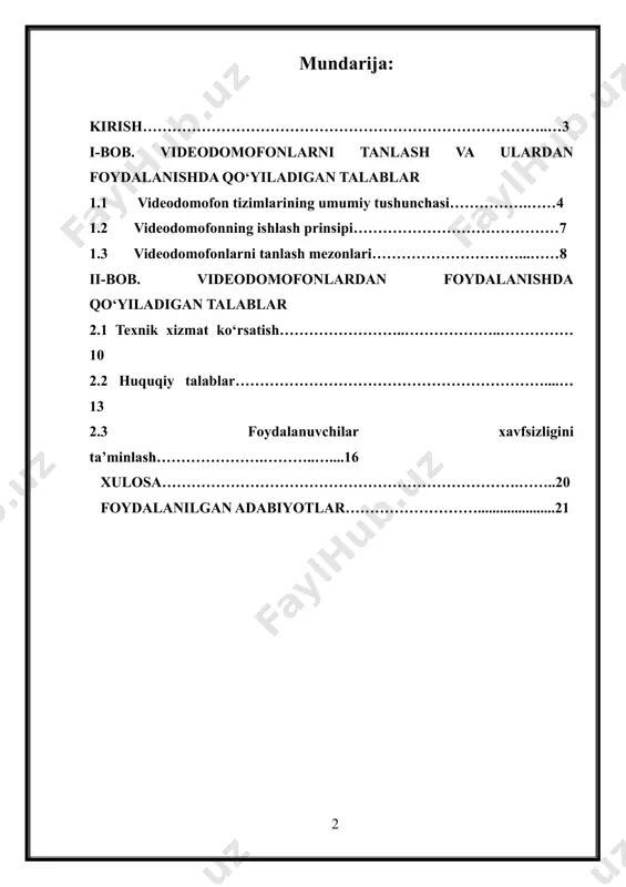 mumiy tushunchasi videodomofonlarni tanlash mezonlari videodomofon tanlashda quyidagi omillar e’tiborga olinishi lozim: ekran sifati va o‘lchami rangli yoki qora-oq ekranli modellardan tanlash. katta ekran qulaylik yaratadi (o‘rtacha 7 dyuym va undan katta). kamera sifati yaxshi tasvir sifati uchun kamida 720p (hd) yoki 1080p (full hd) ruxsatga ega bo‘lishi kerak. kechasi ham aniq tasvir beradigan infraqizil yoritish tizimi bo‘lishi lozim. ulanish usuli simli yoki simsiz turlaridan tanlash (wi-fi yoki ethernet orqali ishlaydigan). uzoqdan boshqarish imkoniyati mavjudligini tekshirish. qo‘shimcha funksiyalar harakat sensorlari, avtomatik yozib olish, mobil ilova orqali boshqarish. yuzni aniqlash yoki rfid kartalar orqali ochish imkoniyati. bardoshlilik va himoya chang va suvga chidamli korpus (ip65 yoki undan yuqori himoya darajasi). uzluksiz ishlashi uchun elektr ta’minoti bilan ta’minlash (zaxira batareyasi bo‘lsa, yanada yaxshi). foydalanish va xavfsizlik talabari videodomofonlarni xavfsiz va samarali ishlatish uchun quyidagi qoidalarga rioya qilish lozim: to‘g‘ri o‘rnatish qurilma kirish eshigi yoki darvozaga qulay joyda joylashtirilishi kerak. kamera tasvir maydoni …