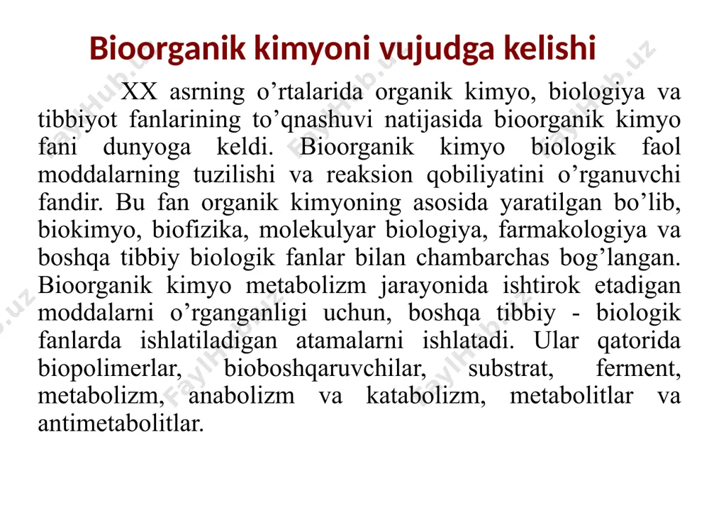сн2 - соон сн3 – сн – соон он 3-oksobutan kislota 2-gidroksipropan kislota(atsetosirka kislota) (sut kislota) geterofunksional birikmalarning reaksion qobiliyati geterofunksional birikmalar bir tarafdan har bir funksional guruxiga hos monofunksional analoglariga o‘xshash reaksiyalarga, ya’ni spirtlarga, aminlarga, karbonil birikmalarga, karbon kislotalarga hos reaksiyalar. va ikkinchi tarafdan guruxlarning o‘zaro ta’siri bo‘yicha – spetsifik reaksiyalarga kirishishadi. geterofunksional birikmalardagi reaksiya turlari: alohida funksional guruxlarining reaksiyalari: nukleofil o‘rin olish va birikish eliminlanish (dekarboksillanish) amfoterlik spetsifik reaksiyalari: xelat xosil qilish ichkimolekulyar xalqalanish molekulalararo xalqalanish aminospirtlar + носн2–сн–соон но-сн2сн2nh2 но-сн2–сн2–n(сн3)3 nh2 kolamin холин serin + + сн2 = сн – n(сн3)3 сн3соосн2сн2n(сн3)3 нейрин atsetilholin с6н5 сн3 сн-осн2сн2n с6н5 сн3 dimedrol -со2 -н2о 2-aminoetanolning hosilalari dimedrol-kolaminning xosilasi, gistaminga qarshi vosita (allergiyaga qarshi ta’sirga ega, yengil uxlatuvchi sifatida beriladi). xolin- murakkab lipidlarning tuzilish birligi, odamning xayot faoliyatida axamiyatga ega bolib, yog’ almashinuvini boshkaradi. organizmdagi metillash jarayonida metil - guruxlarini beradi. vit. b4 xam deyiladi. 2-aminoetanolning hosilalari neyrin - (trimetilvinilammoniy)-asab …
