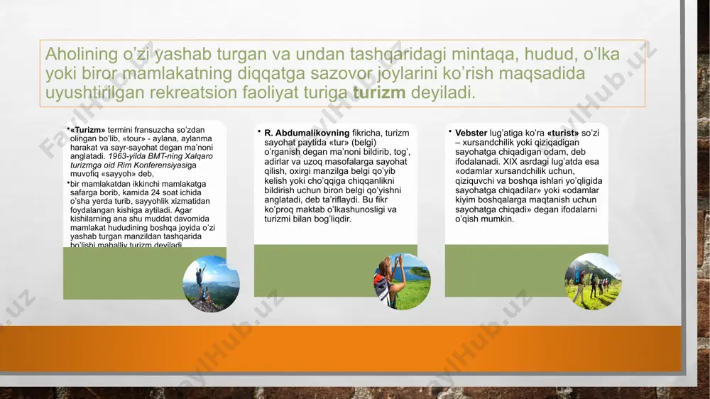 rida sayohat qilishini hisobga olib) va boshqa muammolar ancha oson kechadi. tashqi (xalqaro) turizm xalqaro turizm - bu bir davlatdan boshqa davlatga uyushtiriladigan sayohatdir. u viza, tibbiyot tekshiruvi, valuta almashtirish va boshqa ko’pgina tadbirlarni o’z ichiga oladi. xalqaro turizm ma’lum maqsadda uyushtirilgan marshrut yo’nalishi asosida guruh yoki yakka tartibda kechishi mumkin. xalqaro turizimning ko’rinishlari sog’lomlashtirish, sog’liqni tiklash diniy turizm sport turizmi tanishuv turizmi sog’lomlashtirish, sog’liqni tiklash turizmi bevosita rekreatsiya turizmi bilan bog’liq bo’lib, kishilarning mehnat ta’tili vaqtlarida o’z salomatligini va ish qobiliyatini tiklashga qaratilgan faoliyatdir. sanatoriya-sog’lomlashtirish rekreatsiya majmuiga kurort deyiladi. «kurort» so’zi nemis tilidan olingan bo’lib, u «davolanadigan joy» ma’nosini anglatadi. diniy turizm halqlarning o’z diniga bo’lgan xurmati va e’tiqoti nuqtai nazaridan muqaddas qadamjoylar, shaharlar, qabriston va aziz sanalgan maskanlarga ziyorat qilishdir. sport turizmi - sport o’yinlariga, musobaqalarga va sport musobaqalari o’tkaziladigan mintaqaga yoki mamlakatga sportchilar bilan birgalikda muhlislarning tashrifi demakdir. qayd etish joizki, hozirgi paytda turizmning bu tarmog’i katta …