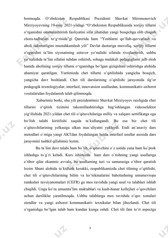 nadi.bunday usullar o’quvchida bilimga ishtiyoq uyg’otadi. o’quvchi darslarga puxta hozirlik ko’rishga intiladi. bu esa o’quvchilarni ta’lim jarayonining faol sub’yektlariga aylantiradi. ta’lim tizimi o’z oldiga erkin fikrlovchi, barkamol, yetuk shaxsni tarbiyalashni vazifa qilib qo’yar ekan, kelgusida biz bo’lajak o’qituvchilar innovatsion texnologiyalardan samarali foydalanish yo’llarini yanada mukammalroq ishlab chiqshimizimiz bilan o’z xissamizni qo’shishimiz mumkin. kurs ishining maqsad va vazifalari: italiyan tilining o'ziga xos xususiyatlari va uni o'qitish metodlari haqidagi malumotlarni umumlashtirish va qisqacha tavsiflash. kurs ishi ob’yekti va predmeti: chet tillarni o’qitishda qo’llaniladigan usul va metodlarning tushunchasi, mohiyati, xususiyatlari. chet tilini o’qitishda zamonaviy innоvatsion texnologiyalar va metodlardan foydalanish hamda ularning samaradorligi kurs ishning tadqiqot uslubi va uslubiyoti: ilmiy ommabop manbalardan to’plangan ma’lumotlar tahlil qilib,xulosa va takliflar qilish. kurs ishi tuzilishi: bajarilgan kurs ishi kirish qismi, ikkita bob va qilingan xulosalardan iborat. ishda o’rganilishi e’tiborga olingan ma’lumotlar tushunarli ravishda ifodalash uchun chizma jadvallar va rasmlar berildi.ishga qo’yilgan maqsadga erishishi uchun to’plangan adabiyotlar manbalarning …