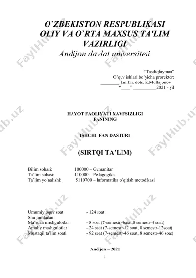ishchi fan dasturi "hayot faoliyati xavfsizligi" — DOCX
