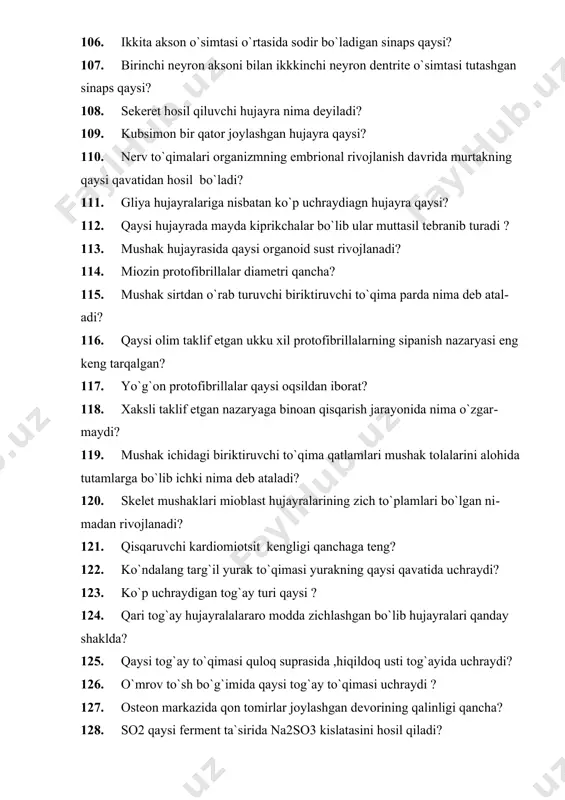t ta`sirida na2so3 kislatasini hosil qiladi? 129. qaysi tog`ay to`qimasi yog` va glikogen kam to`playdi? 130. gialin tog`ayning pay yoki bog`lamga o`tadigan oraliq shakli deb ifodalansa bo`ladigan tog`ay to`qimasi qaysi? 131. qaysi tog`ay to`qimasida ohaklanish kuzatilmaydi? 132. preosteoblastlar osteoblast hujayralariga aylanib , yana ko`proq hujayralararo modda ishlab chiqaradi. bu davr nima deb yuritiladi? 133. fagositoz nazaryasini yaratgan olim? 134. “ qon organizmning oynasi bo`lib , unda organ va to`qimalarda bo`ladigan har xil o`zgarishlar o`z aksini topadi” degan fikr qaysi olimga tegishli? 135. qon orqali har xil organ va sistemalarning fiziologik faoliyatini bajarishda ishtirok etuvchi gormonlar va turli xil moddalar tashiladi qonning qaysi funksiyasiga kiradi? 136. tana haroratining, osmotic bosimning va organizmdagi kislota –asos tengligining doimiyligini ta’minlab turadi qonningqaysi funkyasiga kiradi? 137. qon plazmasining necha foizi(%) oqsilni tashkil etadi? 138. eritrosentlarning sonining ko`payib ketishi nima deyiladi? 139. qaysi leykotsitlar yumaloq shaklga ega bo`lib diametrik qonda 7-9 mkm ga yetadi? 140. voyaga …