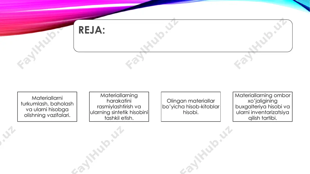 bining progressiv va oqilona usuli bo’lib operativ – buxgalteriya (saldo) usuli hisoblanadi. shuningdek, moddiy-javobgar shaxslarning hisobotlari yordamida son-summa usulidan ham foydalanish mumkin. • operativ-saldo usulining asosiy prinsiplari qo’yidagilardan iborat: ✓ ombordagi son hisobini operativligi va to’g’riligi moddiy javobgar shaxslar tomonidan yuritiladigan ombor hisobining kartochkalariga asosan aniqlanadi; ✓ buxgalteriya hodimlari tomonidan materiallar harakati va materiallarni ombordagi hisobi bo’yicha muomalalarni to’g’ri va o’z vaqtida rasmiylashtirish ustidan uzluksiz nazorat bevosita omborda olib boriladi; ✓ materiallarning natura shaklidagi haqiqiy qoldig’ini joriy ombor hisobi ma’lumotlari bilan solishtirish huquqi buxgalterlarga beriladi; ✓ nomenklatura raqamlari bo’yicha, materiallar harakati hisobini faqat pul o’lovchida hisob bahosida va haqiqiy tannarxida hisobi yuritiladi; ✓ ombor hisobi (son) ma’lumotlarini buxgalteriya hisobi ma’lumotlari bilan uzluksiz tekshirib boriladi. • materiallar hisobini operativ-saldo usulida yuritish ombordagi materiallar hisobini faqat son-nav bo’yicha yuritishni nazarda tutadi. bu hisob m-12 shakldagi materiallarni ombor hisobi kartochkalari shaklida yuritiladi. • kartochka buxgalteriyada materialning har bir nomenklatura raqami bo’yicha ochilib, ombor …