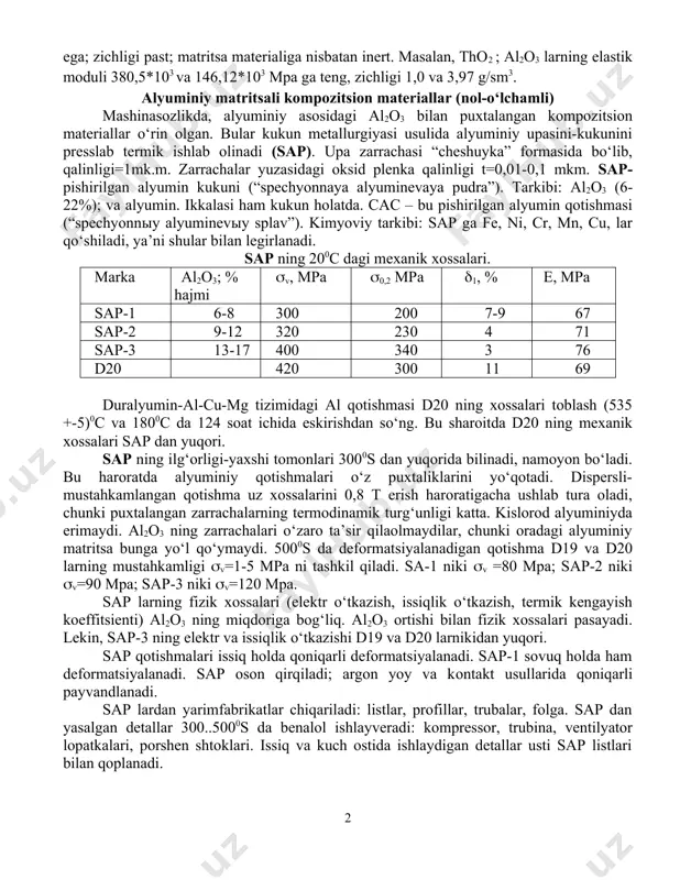 rs zarrachalari (al2o3; tho2; hfo2; bn; sic; wc; tic) xizmat qiladi. bu qiyin eriydigan birlashmalar yuqori elastiklik moduliga ega; zichligi past; matritsa materialiga nisbatan inert. masalan, tho2 ; al2o3 larning elastik moduli 380,5*103 va 146,12*103 mpa ga teng, zichligi 1,0 va 3,97 g/sm3. alyuminiy matritsali kompozitsion materiallar (nol-o‘lchamli) mashinasozlikda, alyuminiy asosidagi al2o3 bilan puxtalangan kompozitsion materiallar o‘rin olgan. bular kukun metallurgiyasi usulida alyuminiy upasini-kukunini presslab termik ishlab olinadi (sap). upa zarrachasi “cheshuyka” formasida bo‘lib, qalinligi=1mk.m. zarrachalar yuzasidagi oksid plenka qalinligi t=0,01-0,1 mkm. sap-pishirilgan alyumin kukuni (“spechyonnaya alyuminevaya pudra”). tarkibi: al2o3 (6-22%); va alyumin. ikkalasi ham kukun holatda. cac – bu pishirilgan alyumin qotishmasi (“spechyonnыy alyuminevыy splav”). kimyoviy tarkibi: sap ga fe, ni, cr, mn, cu, lar qo‘shiladi, ya’ni shular bilan legirlanadi. sap ning 200c dagi mexanik xossalari. marka al2o3; % hajmi v, mpa 0,2 mpa 1, % e, mpa sap-1 6-8 300 200 7-9 67 sap-2 9-12 320 230 4 …