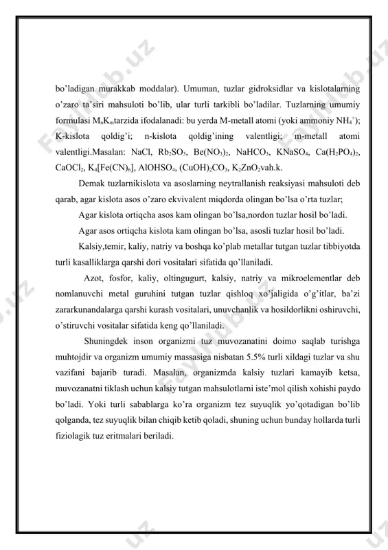 larda o’rta tuzlarning kimyoviy xossalari bilan tanishib chiqamiz. 1.o’rta tuzlar ishqorlar va kislotalar ta’sirida quyidagilarni hosil qiladi. fecl3+3naoh=fe(oh)3+3nacl (asos va yangi tuz) yoki, 2fecl3+3h2so4=fe2(so4)3+6hcl (yangi tuz va yangi kislota) fecl2+2koh=fe(oh)2+2kcl 2.o’rta tuzlarning kislotalarga ta’siri natijasida yangi tuz va yangi kislota hosil bo’ladi. kno3+ h2so4=khso4+hno3 nacl+ h2so4=nahso4+hcl 3.o’rta tuzlar kislotali oksidlar bilan ta’sirlashib,yangi tuz va yangi kislotali oksid hosil qiladi. na2co3+so2=na2so3+co2 caco3+sio2=casio3+co2 4.o’rta tuzlarning metallarga ta’siri natijasida yangi tuzhosil bo’lib, yangi metall ajralib chiqadi. fe+hg(no3)2= fe(no3)2+hg cu+2agno3= cu(no3)2+2ag 5.temperatura natijasida parchalanadi. na2co3=na2o+co2 k2so4=k2o+so3 1.3.nordon tuzlar nomeklaturasi va olinishi. nordontuzlar – kislota molekulasidagi vodorod atomlari metall bilan qisman almashinganda hosil bo’lib, metall atomi, vodorod va kislota qoldig’idan iborat bo’ladi. masalan: ca(hco3)2, nahco3, cu(hso4)2,khs,ba(hso3)2, nahso4, lihso4, mg(hco3)2vahokazo. nordon tuzlarni nomlash: metall nomi (metall o’zgaruvchan valentli bo’lsa rim raqamda qavs ichida valentlik ko’rsatiladi)ga molekulada bitta vodorod bo’lsa “gidro” so’zi, ikkita vodorodbo’lsa “digidro”so’zi va kislota qoldig’i nomi qo’shib aytiladi. masalan: ca(hco3)2 – kalg’tsiy gidrokarbonat, nahco3 …