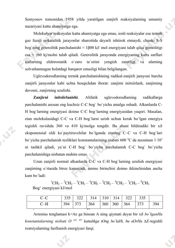 ncha kam bo`ladi: arrenius tenglamasi k=ae ga binoan a ning qiymati deyar bir xil bo`lganнa konstantalarning nisbati о ∆e/ rt kattalikga tоng bo`laнi, bu воrнa ∆e-tegishli reatsiyalarning faollanish energiyasi farqi. harorat oshishi bilan bog`larning mustahkamligi orasidagi farq kamayadi, shuning uchun o`rtacha harorat (400-500 0c) da uglevodorod zanjirining uzulishi o`rtadagi bog`larda amalga oshadi, yuqori haroratda esa bu uzulish boshqa bog`lar bo`yicha ham amalga oshishi mumkin. sikloalkanlarda c-c bog`lar normal alkanlarnikiga qaraganda barqarorligi ancha kamdir: siklogeksanda 8 kj/molga, siklopentanda 25 kj/molga. alkenlarga qo`shbog`li uglerod atomidagi c-c va c-h bog`lar ancha mustahkamdir, b–holatda esa alkanlarga nisbatan ancha kuchsizdir (raqamlar-kj/molga bog`larning energiyasi): agar qo`shbog` tasirlashgan bo`lsa π–bog`ning ochilish energiyasi tahminan 50 kj/molga kamroq bo`ladi: ch 2=ch—ch= ch 2 -» ch 2=ch—ch= ch2 —188 kj/mol arenlarda c-h va c-c bog`lar alkanlardagiga qaraganda barqarorroq bo`ladi, aromatik halqa bilan tasirlashgan bog`lar esa kuchsizlanadi. halqa bilan tasirlashish bog`ning mustahkamligini qo`shbog` bilan tasirlashishda bo`lgani kabi kamaytiradi. uglevodorodda bog`ning gomolitik …