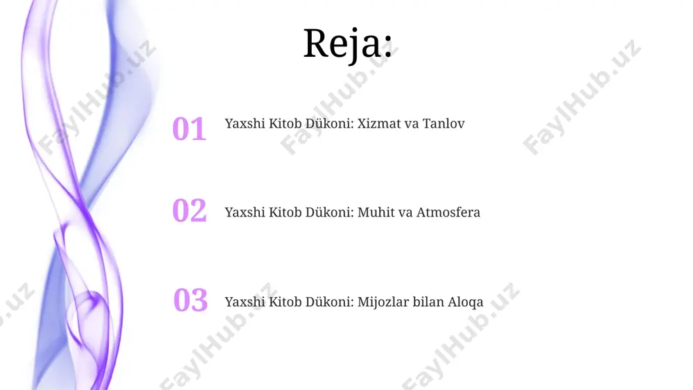 akana narxini tashkil etadigan ulgurji narxlar va yetkazib berish xarajatlari kabi omillar, do'konning umumiy foydasiga ta'sir qiladi. zamonaviy kitob do'konlari o'rtacha zamonaviy kitob do'koni 5000 dan ortiq turdagi kitoblarni, shu jumladan audiokitoblar va elektron kitoblarni taklif qiladi. zamonaviy kitob do'konlarining 70% dan ortig'i onlayn savdo platformalariga ega bo'lib, mijozlarga 24/7 xizmat ko'rsatish imkoniyatini taqdim etadi. kitob tanlashning ahamiyati statistikaga ko'ra, har yili nashr etilayotgan 1000 dan ortiq kitob orasidan, o'quvchining shaxsiy manfaatlariga mos keladigan 20-30 tasini aniqlash muhimdir. kitob tanlashda, o'quvchingizning yoshini va bilim darajasini hisobga olib, kamida 3 ta turli janrdagi 5-10 ta kitobni taqqoslash tavsiya etiladi. e'tiboringiz uchun rahmat @taqdimot_robot image4.jpg image5.jpg image6.jpg image7.jpg image8.jpg image9.jpg image10.jpg image1.jpeg image2.jpeg image3.jpeg