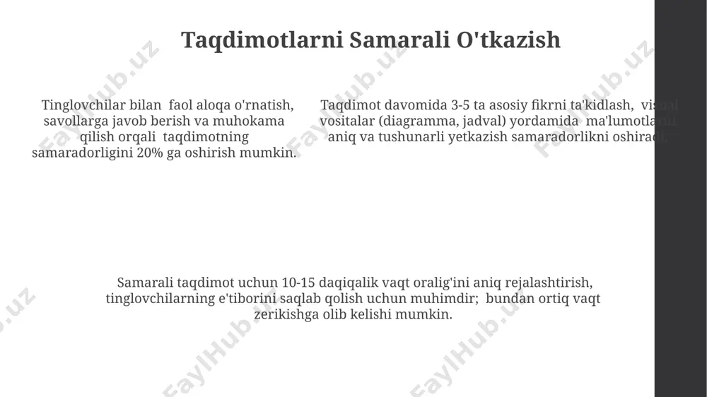 oydalanish, konfliktlardagi himoya mexanizmlarini kamaytirib, 30% ga yaqin konstruktiv muloqotni ta'minlaydi. konfliktlarni hal qilishda aniq va tushunarli til, 70% ga yaqin muvaffaqiyatga erishish ehtimolini oshiradi, chunki noaniqlik kelishmovchiliklarni kuchaytiradi. qo'pol va haqoratomuz so'zlarni ishlatmaslik, emotsional intensivlikni 50% ga kamaytirib, konfliktni tinch yo'l bilan hal qilish ehtimolini oshiradi. tanqidni samarali bilanish tanqidni samarali bildirishda 3 bosqichli yondashuv (tayyorgarlik, muloqot, natijalarni baholash) samaradorlikni 20% ga oshirishi mumkin. konstruktiv tanqidda muammoni aniq bayon qilish, 2-3 ta aniq taklif berish va ijobiy natijalarga e'tibor qaratish muhim. samarali tanqid jamoa ichidagi ishonchni mustahkamlaydi, 70% hollarda muloqot madaniyatini yaxshilaydi va ish samaradorligini oshiradi. e'tiboringiz uchun rahmat @taqdimot_robot