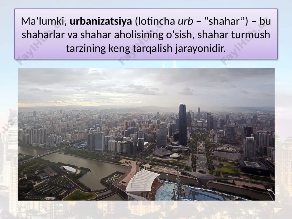 rlar vujudga keladi, ayrim qishloq joylar shahar manzilgohlari toifasiga o‘tib ketadi. ayniqsa, yirik shaharlar tez o‘sishni boshlaydi. bunda eng yirik shahar boshqalarga nisbatan ancha ilgarilab ketadi. eng yirik shaharlarning o‘sishi ayrim hollarda “soxta” urbanizatsiya tarzida, ya’ni shahar chekkalarida qishloqdan ko‘chib kelgan past daromadli aholi uy-joylarining zichlashib borishi ko‘rinishida kechadi. hozirda osiyo va afrikadagi qator rivojlanayotgan mamlakatlar urbanizatsiyaning ana shu bosqichini kechirmoqdalar. ii. rivojlangan urbanizatsiya bosqichi “millioner” shaharlarning yuqori sur’atlar bilan o‘sishi hamda yirik shaharlar atrofida aglomeratsiyalarning vujudga kelishi bilan tavsiflanadi. shaharliklarning jami aholidagi ulushi 50 % dan ortib ketadi, yangi shaharlar deyarli vujudga kelmaydi, mavjud shaharlar esa, ayniqsa, yiriklari tez rivojlanadi, shahar manzilgohlarining tizimlari shakllanib boradi. urbanizatsiyaning bu bosqichi sharqiy yevropa, mdh davlatlari, lotin amerikasi, shimoliy afrika, janubi-g‘arbiy osiyo, okeaniyadagi ko‘p mamlakatlarga xos. iii. yetuk urbanizatsiya bosqichi yevropaning eng rivojlangan davlatlari, aqsh, kanada, avstraliya, yaponiya, isroilda kuzatilmoqda. bunda aholi yirik shaharlarning markazlaridan asta-sekin shahar atrofi ga ko‘chib boradi, lekin shaharda …