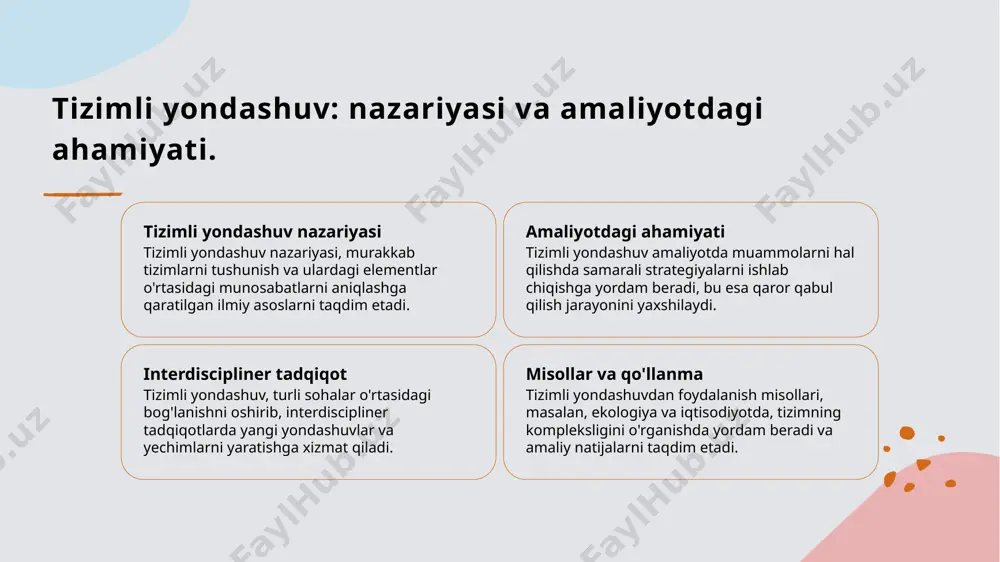 birgalikda qanday ishlashini tushunishga yordam beradi. 2 yaxlitlik tamoyili yaxlitlik tamoyili, tizimlarni butun sifatida ko‘rishga imkon beradi, bu esa ularning har bir komponentining umumiy jarayonga ta'sirini tushunishda muhim ahamiyatga ega. 3 tizimlararo aloqalar tizimlar o‘rtasidagi aloqalar, ichki bog‘liqlikni yanada kuchaytiradi. har bir tizim o‘zaro bog‘langan bo‘lib, bu ularning samaradorligini oshiradi. 4 interdisiplinar tadqiqot ichki bog‘liqlik va yaxlitlik, interdisiplinar tadqiqotlar uchun asos bo‘lib xizmat qiladi, chunki ular kompleks muammolarni keng qamrovli yondashuv bilan hal etishga yordam beradi. xulosa tizimli yondashuvning ahamiyati dekompozisiya jarayoni ichki bog‘liqlik va yaxlitlik tizimli yondashuv, murakkab tizimlarni tushunishda, ularning elementlari o'rtasidagi bog'lanishlarni aniqlashda muhimdir. bu yondashuv nazariy va amaliyotda qo'llaniladi. dekompozisiya, tizimning elementlarini alohida ajratish orqali, ularni chuqurroq tahlil qilish imkonini beradi. bu jarayon, tizimning umumiy funksiyasini yaxshiroq tushunishga yordam beradi. tizimli yondashuvda ichki bog‘liqlik va yaxlitlik tamoyillari, elementlar o'rtasidagi o'zaro ta'sirni belgilaydi. bu, tizimlarning o'zaro bog'langanligini va umumiyligini anglatadi. e'tiboringiz uchun rahmat! /docprops/thumbnail.jpeg