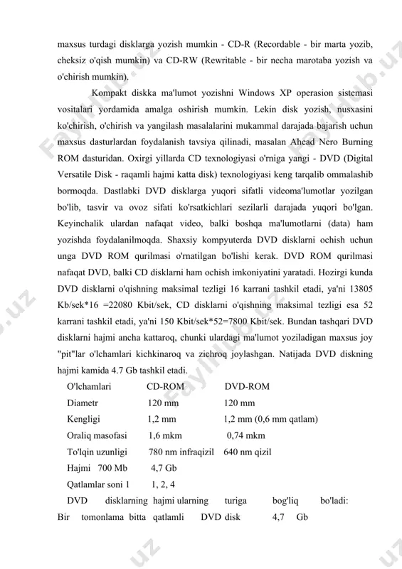 ional imkoniyatlarga ega. defragmentatsiya to'la-to'kis tugagandan so'ng barcha fayllar bir jinsli rangli bloklarda joylashtiriladi. kartada tasvirlanayotgan fazo diskning to'la xajmiga ekvivalent bo'ladi. kartaning eng kichik birligi bir yoki bir necha klasterlardan tuzilgan blokdir. -xammasi blokning o'lchamiga va diskdagi klasterlar soniga bog'liq (blokning o'lchami kartaning yuqori o'ng tomonida ko'rsatiladi). klastrning o'lchami uncha katta bo'lmagan xollarda (fat32 da 2g baytda 8g baytgacha bo'lgan disklar uchun bu o'lcham 4k baytga teng) kartaning bitta bloki bir necha klasterlarga mos keladi. yanayam batafsilrok tekshirish uchun oynaning o'lchamlarini kattalashtirish mumkin. bu xolda karta kattarok joyni egallaydi, xar bir blok esa kamroq sondagi klasterlarga mos keladi. shaxsiy kompyuter ishlab chiqarilganidan boshlab, to hozirgi kunga qadar ma'lumotlarni saqlash va boshqa joyga ko'chirish yoki olib borishning eng ommabop vositasi disketalar edi va ular hozirgi kunda ma'lumotlarni saqlash va almashishning boshqa vositalariga o'z o'rnilarini bo'shatib bermoqdalar. adabiyotlar: 1.aripov m.m. va boshqalar. informatika axborot texnologiyalari. t. 2002 y. 2.raxmanqulova s.i. ibm …
