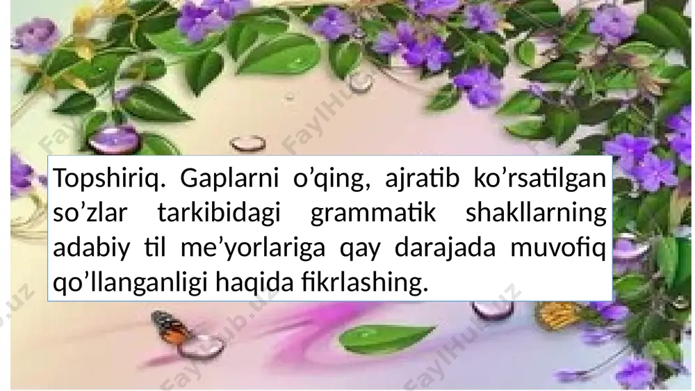 bek tiliga kirib kelgach, ma’nosi o’zgarib, «tabaa, raiyat, shuningdek, grajdanlik» ma’nosini kasb etgan. qolaversa, ajdodlarimiz so’zlaganlarida, yozganlarida kamtarinlik yuzasidan o’zlarini (men so’zini ishlatishni odob yuzasidan takabburlik deb bilib) fuqaro, faqir-u haqir deb ataganlar: «faqir-u haqir janoblaridan o’tinib so’raydikim...», «faqiringizni afv etgaysiz!» va hokazo kabi. demak, fuqaro so’zi mumtoz adabiyotda va jonli so’zlashuvda qo’llanilgan. shu sababli fuqaro so’zining atama sifatida qabul etilishi va joriy qilinishi asosli va qonuniydir. (a. ibrohimov) 20-mashq. she’riy parchadagi g’ayriodatiy birikmalarni aniqlang, adabiy me’yorlardan chekinishni tushuntiring. ulardagi badiiylik haqida fikrlashing va birikma tarzida ko’chiring. tovushlarning kichik, ulug’i, tovushlarning hidi – bo’yi bor. tovushlarning sovuq, ilig’i, tovushlarning rangi-ro’yi bor. tovushlarning shirin-achchig’i, bordir hatto yumshoq, qattig’i. shoir rassom bo’lsaydi agar, chizar edi shundan lavhalar. (maqsud shayxzoda) sh. rahmatullayevning «o’zbek tilining izohli frazeologik lug’ati»dan olingan quyidagi iboralarning izohlarini esda tuting. ular ishtirokida gaplar tuzing. ich-etini yemoq ruhan azoblanmoq, ezilmoq (fikr-o’yini boshqalarga aytmay). varianti: ichini yemoq; etini yemoq. ma’nodoshi: o’z yog’iga …