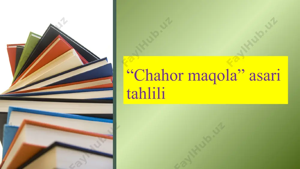 i qismini shu maqsad doirasidan kengroq tarzda tushundilar. haqiqatan ham bu bobda turli adabiy yo‘nalishga mansub shoirlar uchun foydali maslahat va o‘g‘itlar mavjud. "chahor maqola"ning ikkinchi bobida "she’r ilmining mohiyati va shoirning salohiyati haqida" sarlavhasi ostida shunday fikrlar bor: "shoirlik shunday san’atki, (shoir) bu san’at orqali hayajonlantiruvchi tushunchalarni hosil qiladiva ta’sirchan qiyoslarni bir-biriga ulaydi. u shunday yo‘l bilan, masalan, kichikka aylantiradi, chiroyli suratda jilvagar etadi. ilhom san’ati bilan g‘azab hamda hissiy quvvatlarni qo‘zg‘atadi, natijada kishilar tabiatida qayg‘u yoki xurramlik paydo bo‘ladi. bu esa ulug‘ kishilar faoliyatida olamni tartibga solib turish uchun xizmat qiladi" nizomiy so‘zni she’riyatning ta’rifidan boshlab, uning o‘ziga xos san’atligi, shoir turli tasviriy uslublardan foydalanib ( mubolag‘a va kichraytirish) hayot haqida tasavvur hosil qildirishi, shu yo‘l bilan odamlar ongiga ta’sir ko‘rgizib, hayotdagi muhim voqealarning sodir bo‘lishida sababchi bo‘lishligi to‘g‘risida bahs yuritadi. bu o‘rinda shuni ta’kidlash kerakki, nizomiy she’riyat-adabiyotda hayotning o‘ziga xos tarzda aks ettirilishi haqida mulohaza yuritadi. agar …