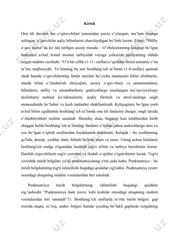 ya’ni punktuatsiyaning o'rni juda katta. punktuatsiya - bu tinish belgilarining tog'ri ishlatilishi haqidagi qoidalar yig'indisi. punktuatsiya yozuv orasidagi aloqaning muhim vositalaridan biri sanaladi. punktuatsiya tinish belgilarining ishlatilishi haqidagi qoidalar yig’indisidir. “punktuatsiya ham yozuv kabi kishilar orasidagi aloqaning muhim vositalaridan biri sanaladi”11. boshlang’ich sinflarda to’rtta tinish belgisi: gap oxirida nuqta, so’roq, undov belgisi hamda uyushiq bo’lakli gaplarda vergulning ishlatilishi haqidagi qoidalar o’rgatiladi. boshlang’ich sinflarda o’rgatiladigan tinish belgilari kam bo’lishiga qaramay, o’qituvchi har bir sinfda tinish belgilari ustida muntazam ish olib borishi zarur. kichik yoshdagi o’quvchilarni tinish belgilari bilan tanishtirishda o’qituvchi, avvalo, ularning yozma nutqda ishlatilishi va o’rnini ko’rsatadi. tinish belgisi fikrni to’g’ri, boshqalarga tushunarli qilib ifodalash uchun muhim ekanini tushuntiradi. masalan, nuqtaning roli bilan elementar tarzda tanishtirish uchun gaplarga ajratilmagan (tinish belgilari qo’yilmagan) yaxlit matn o’qitiladi; o’quvchilar bunday matnni o’qish va mazmuniga tushunish qiyin ekanligiga ishonch hosil qiladilar. punktuatsiya semantik, sintaktik va intonatsion qoidaga asoslanadi. bu uch asos bir-biriga o’zaro ta’sir …