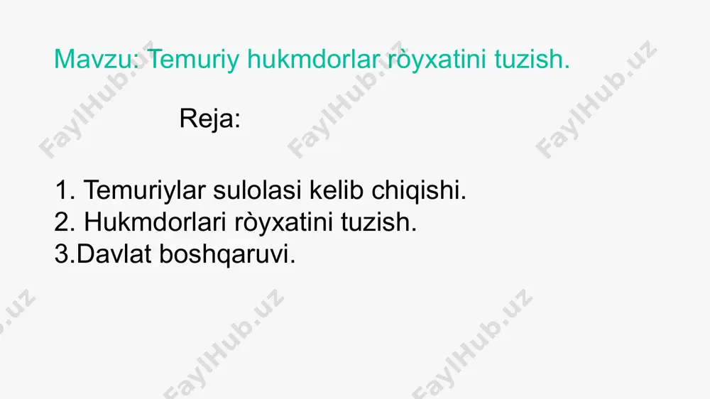 n) oqqoʻyunli turkmanlarga qarshi yurish qiladi. mugʻon (ozarbayjon) choʻlida uzun hasan bilan boʻlgan jangda abu said halok boʻladi. otasining oʻlimidan soʻng, abu saidning vorislari sulton husayn bilan toʻqnashmay movarounnahrga qaytadilar. 1469-yilning 24 martida sulton husayn xuroson hokimi sifatida hirotning taxtini egallaydi. 10 temuriylar saltanatida avval hokimi mutlaq – amir temur, soʻngra esa uning vorislari bevosita hukmronlik qilishgan. saltanatni devonbegi – bosh vazir boshliq 7 vazirlikdan iborat arkony(?) davlat – vazirlik mahkamasi boshqargan. 11 1-si – mamlakat varaiyat vaziri. u viloyat va tumanlardan toʻplanadigan hosil, soliqoʻlponlar va mamlakat obodonligi bilan shugʻullangan. 2si – vaziri sipoh, yaʼni harbiy ishlar vaziri. u navkarlarning taʼminoti (maoshi, oziq-ovqat va qurolyarogʻlari) bilan shugʻullangan. 3si – tijorat (savdo) vaziri edi. u tashqi savdo boji tam/a, chorvachilikdan toʻplanadigan za kot, egasiz qolgan molmulklarning tasarrufi, meros va merosxoʻrlar kabi masalalar bilan shugʻullangan. 4si – saltanatning moliya ishlari vaziri boʻlib, davlat xazinasining kirimchiqimlarini boshqargan. chegara viloyatlari va tobe mamlakatlar boshqaruvini …