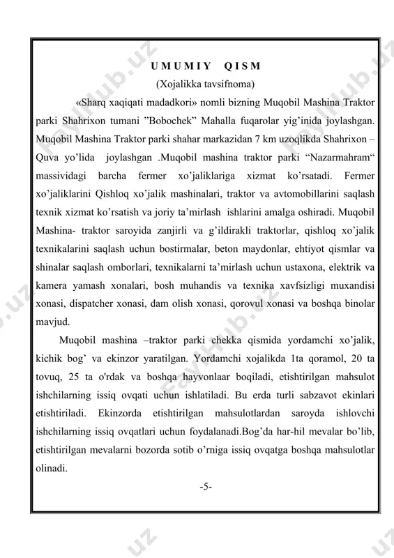 ta’mirlashgacha oralig’ida bajargan ishlash muddati; traktorlar, kombaynlarning joriy ta’mirlashlarning yillik soni quyidagi formuladan aniqlanadi: n • byil nj = -------------- - nk ; dona bj bunda bk – mazkur markadagi mashinalarning joriy ta’mirlashgacha oralig’ida bajargan ishlash muddati; - 7 - traktorlarga 1-, 2-, 3- texnikaviy xizmaat ko’rsatishlarning yillik soni quyidagi formulalardan aniqlanadi: n • byil n3-txk = ------------ - (nk + nj) ; dona b3-txk n • byil n2-txk = ------------ - (nk + nj + n3-txk) ; dona b2-txk n • byil n1-txk = ------------ - (nk + nj + n3-txk + n2-txk) ; dona b1-txk bunda b3-txk , b2-txk , b1-txk – mazkur markadagi mashinalarning 3- , 2- , 1- texnikaviy xizmat ko’rsatishlar davriyligi; traktorlarning ta’mirlash va txk davriyligi. jadval № 3 texnik xizmt ko’rsatish turi ta’mirlash turi traktorlar markasi 1-txk 2-txk 3-txk joriy kapital ta’mir ta’mir 1 vt-150 840 3360 13400 26880 80640 2 ttz – 80x …