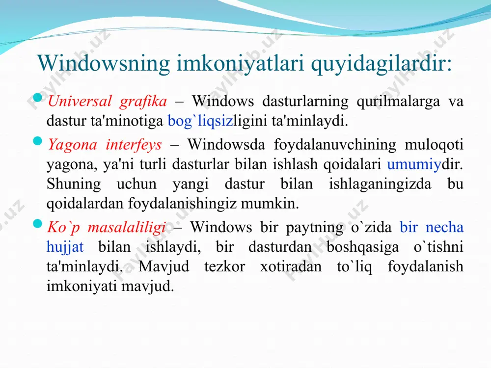 shtirish shart. fayl foydalanuvchi va operatsion sistema tomonidan tanilishi va foydalanilishi uchun nomga ega bo'lib, odatda, nuqta bilan ajratilgan ikki qismdan iboratdir. faylning xususiy nomi. kengaytmasi. faylning xususiy nomi deganda: fayl mazmunidan kelib chiqib biror nom berish tushuniladi. fayl kengaytmasi deganda esa ushbu fayl qaysi dasturda bajarilganligini bildiradi. masalan, rasm.jpg, ma'lumot.txt, mening oilam.doc, hisobot.xls faylning xususiy nomi 1 tadan 255 tagacha, kengaytmasi esa 1 tadan 3 tagacha (kamdan kam hollarda 4 tagacha) belgiga ega bo'lishi mumkin. windowsda fayl va papkalar bilan ishlash faylning xususiy nomida lotin va kirill alifbosining yuqori yoki quyi registrdagi harflari, raqamlar, shuningdek, - (defis), _ (ostiga chiziq belgisi), $ - (pul birligi belgisi), # (nomer), & (bog’lovchi belgisi), @ (tijoratcha), ! (undov belgisi), % (foiz belgisi), ~ (tilda), ^ (karat belgisi) va (){} (qavslar) qo'llanilishi mumkin. lekin, \ , / , : , * ,?, " , ,| kabi belgilar ishlatilishi mumkin emas. fayllarni nomlangan guruhi …