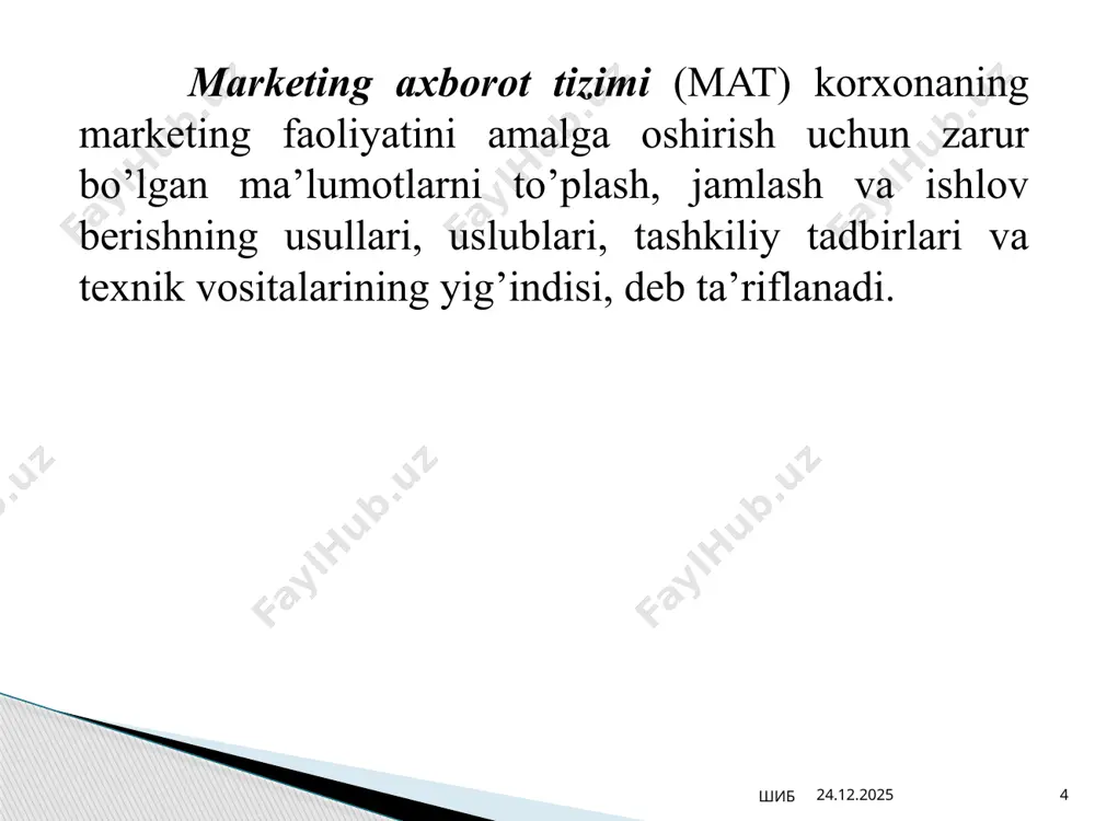 rotlar hajmi yetarli bo’lmasa; korxonada marketing strategiyasi va maqsadga yetaklovchi mexanizmning bir ovozdan ma’qullanmaganligi; bozor vaziyatining keskinlashuvi (korxona tovarlari va xizmatlariga talabning pasayishi, sotuv hajmi miqdorining kamayishi); yangi strategik va taktik rejalarning shakllanishida; menejerlar marketing tadbirlarini o’tkazishda, marketing harakatlarini tanlashda qiyinchiliklarga duch kelsa. 12.02.2025 шиб 13 misol tariqasida pizza hut kompaniyasi mijozlariga to‘ldirish uchun taklif etilgan anketani keltiramiz. hurmatli mijozlar! bizlar sizning ovqatlarimiz sifatidan, xizmat ko‘rsatishimizdan va kompaniyamizdagi tozalikka qoniqqanigizga ishonch hosil qilishni hoxlaymiz. iltimos, bir necha minut bizlarning anketamizga vaqtingizni ayamasdan e’tibor bersangiz va quyilgan savollarga javob qaytarsangiz. biz sizning fikringizga yuqori baho beramiz. 1. siz pitssani ko‘p sotib olasizmi? haftada bir bor oyda bir bor kamdan-kam boshqasi______________ 12.02.2025 шиб 14 2. siz pitssani qayerda iste’mol qilasiz? restoranda uyda ofisda boshqasi_________________ 3. sizning yoshingiz nechada? _________ 12.02.2025 шиб 15 to‘plangan axborotning tahlili olingan ma’lumotlardan maksimal darajada foydali ko‘rsatkichlar olishga qaratilgan bo‘lib tadqiqotchiga yordam berib, ma’lum xulosa va natijalar olishga …