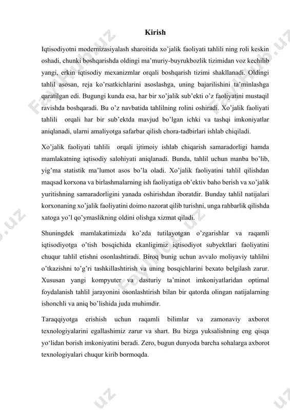 , xorijiy investitsiyalarning ko‘payishi, eksport-import operatsiyalarining jadallashuvi, transmilliy korxonalar rolining ortib borishi bilan moliyaviy hisobotlarni tuzishning xalqaro standartlarini belgilash, hisob ma’lumotlarini qiyosiyligini ta’minlash zaruriyati tobora ortib bormoqda. axborotlarni olish va taqdim etishning eng muhim vositasi bu moliyaviy hisobotlardir.[footnoteref:2] [2: m.y.raximov, n.n.qalandarova “moliyaviy tahlil” toshkent “iqtisod-moliya” 2019] bunday axborotlar xo‘jalik subyekti yoki tadbirkorlik subyektining moliyaviy ahvoli, uning hisobot davridagi faoliyatining moliyaviy natijasi va pul mablag‘larining aylanishi to‘g‘risidagi ma’lumotlarni retrospektiv tahlil etishni va prognozlashni, moliyaviy natijalarni shakllantirgan asosiy omillar va ta’sirlar, subyekt faoliyat ko‘rsatadigan muhitdagi o‘zgarishlarga javoban qo‘llaydigan choralari, subyektning moliyaviy natijalarni saqlab qolish va ko‘paytirishga qaratilgan investitsion siyosati, dividend siyosati; uning faoliyatni moliyalashtirish manbalari va majburiyatlari holatini qamrab olgan kompleks moliyaviy tahlilini amalga oshirishni talab etadi. moliyaviy tahlil investitsiyalar va kreditlarga doir qarorlarni qabul qilishga; subyektning bo‘lg‘usi pul oqimlariga; ularga ishonib topshirilgan resurslarga, majburiyatlarga; rahbar organlarning ishiga baho berishda biznes samaradorligi va boshqaruvning sifat menejmentiga erishishda muhim dastak vazifasini bajaradi. hozirgi …