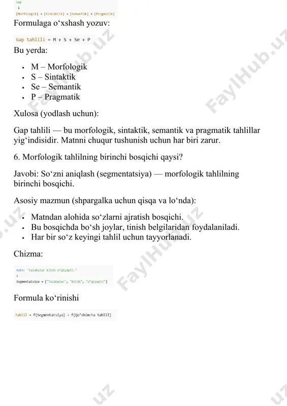 chun): bosqich raqami bosqich nomi mazmuni 1 matnni olish foydalanuvchi yoki tizimdan matn qabul qilish 2 oldindan ishlov berish belgilarni tozalash, normalizatsiya 3 morfologik tahlil so‘z shakllari, ildiz, qo‘shimchalar 4 sintaktik tahlil gap tuzilmasini aniqlash 5 semantik tahlil so‘z va gaplarning ma’nosini tushunish 6 pragmatik tahlil gapning kontekstdagi ma’nosini aniqlash chizma: formula ko‘rinishida: bu yerda: · m – matn olish · o – oldindan ishlov · mo – morfologik · si – sintaktik · se – semantik · p – pragmatik xulosa (yodlash uchun): nlp bosqichlari — matnni olishdan boshlanadi, pragmatik tahlilgacha davom etadi. har bosqich keyingisiga tayanch bo‘ladi. 12. nlp ning birinchi bosqichi qanday nomlanadi? javob: nlp ning birinchi bosqichi — matnni olish (text acquisition). asosiy mazmun bosqich nomi vazifasi matnni olish tizimga matnni kiritish yoki yig‘ish · bu bosqichda veb sahifa, hujjat, nutq yoki foydalanuvchi tomonidan berilgan matn olinadi. · matn keyingi bosqichlarga tayyorlanadi. chizma: yoki: bu yerda: …