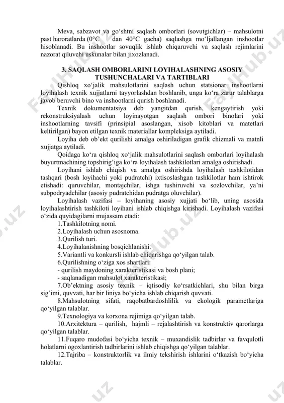 i mahsulotni uyum holida, uzunlikda ustma-ust taxlab er qatlami ustida yoki uncha chuqur bo‘lmagan o‘ra qazib, osti va ustiga somon, xashak, tuproq to‘shab, haroratni nazorat qilish va faol shamollatish qurilmalari bilan jixozlab tayyorlanadi. xandak – kartoshka va sabzavotlarni saqlash uchun erni chuqurlashtirilgan holda uzaytirilib qozilgan, hamda burt singari osti va ustiga somon, xashak, tuproq to‘shab, haroratni nazorat qilish va faol shamollatish qurilmalari bilan jixozlangan vaqtinchalik saqlash moslamasi. statsionar saqlash omborlari – ushbu inshootlar qishloq xo‘jalik mahsulotlarini uzoq muddat saqlash uchun mo‘ljallangan. bunday omborxonalar o‘zida saqlash rejimlarini boshqarish tizimini, hamda mahsulotni saqlashga, tashishga va joylashtirishga, hamda realizatsiyadan oldin beriladigan ishlov berish uskunalari komplekslarini mujassam etadi. ko‘chma saqlagichlar (avtomobil va vagon refrijeratorlar) – qishloq xo‘jalik mahsulotlarini uzoq masofalarga tashish va bir paytning o‘zida ham saqlash uchun mo‘ljallangan. donni uzoq muddat saqlashga mo‘ljallangan omborlar ikki turda bo‘lib ular don omborlari va elevatorlar deb nomlanadi. mexanizatsiyalanish darajasiga ko‘ra don omborlari mexanizatsiyalashmagan (statsionar mexanizmlari bo‘lmagan), …