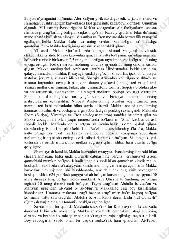 qozongach, muhammad (sav) ka’ba xizmati bilan bog’liq “sidona” va “siqoya”dan boshqa hamma lavozimlarni bekor qildi. tipologik jihatdan makka idora usulini qadimgi afinadagi respublika tuzumi bilan qiyoslash mumkin. qadimgi afinada ham dastlab asosiy rolni bir qancha e’tiborli urug’lar (fil va fratriyalar) boshliqlaridan tashkil topgan aristokratiya o’ynadi. ammo sudxo’rlarning qudratiga barham berilgach, etakchilik xalq majlisi (ekklesiya) qo’liga o’tdi. barcha amaldorlar, hatto ularning eng yiriklari – arxontlar va strateglar ham ekklesiya tomonidan tayinlanar va uning oldida hisobot berardilar. makkada ham v-vi asrlarda etakchilik oqsoqollar kengashi – dor an-nadvaga o’tdi. ammo farq shundaki, afina xalq majlisida ovoz berishda butun demos, ya’ni barcha erkin aholi qatnashgan bo’lsa, makka dor an-nadvasida faqat “malo” – zodagonlar, qabila va urug’ boshliqlari qatnashdilar. afinada ham, makkada ham jamiyat ba’zi vaqtlarda u yoki bu urug’ boshlig’iga yakka, chegaralanmagan hokimiyat taqdim qilganini ko’ramiz (afinada – solon, klisfen, makkada – qusay, hoshim va hokazo). albatta, makka shahar-davlatining idorasi nizolarsiz, sip-silliq kechgani yo’q. …