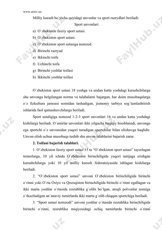 mpionlarga, toshkent shahar chempioniga va rdfso birinchiligi g`olibiga beriladi. 4. sport unvoni va razryadlari berish tartibi. “o`zbekiston faxriy sport ustasi” yoki “o`zbekiston sport ustasi” unvoni o`zbekiston davlat sport qo`mitasi va o`zbekiston kurash federatsiyasi buyrug`i bilan beriladi. o`zbekiston sport ustasi va razryadlar oldindan tuzilgan sport klassifikatsiyasi asosidagi normativlarni bajargan taqdirda taqdim etiladi. “o`zbekiston sport ustasi” unvoni berilishida resrublika toifasidagi hakamlar bo`lishi shart. razryadlar berilishida esa quyidagi sudiyalar sastavi bo`lishi lozim. sport ustaligiga nomzodlikka, i razryadlikka tavsiya etishda 1 ta respublika toifasidagi hamda 3 ta 1 kategoriyasidagi sudyalar: 2- razryadga – 2 ta i – kategoriyasidagi va 3 ta sport sudyasi. 3 – razryadda va o`smir razryadi uchun – 2 ta sport sudyasi bo`lishi kerak. birinchi sport razryadi bir yil mobaynida 10 ta 1 – razryadli kurashchi ustidan g`olib kelsa yoki 6 ta sport ustaligiga nomzodlar ustidan g`alaba qilganlarga beriladi. ikkinchi sport razryadi bir yil moboynida 8 ta 2- razryadli kurashchilar ustidan …