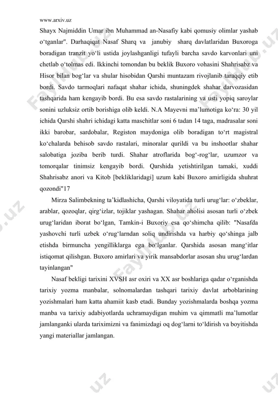 engilliklarga ega bo‘lganlar. qarshida asosan mang‘itlar istiqomat qilishgan. buxoro amirlari va yirik mansabdorlar asosan shu urug‘lardan tayinlangan" nasaf bekligi tarixini xvsh asr oxiri va xx asr boshlariga qadar o‘rganishda tarixiy yozma manbalar, solnomalardan tashqari tarixiy davlat arboblarining yozishmalari ham katta ahamiit kasb etadi. bunday yozishmalarda boshqa yozma manba va tarixiy adabiyotlarda uchramaydigan muhim va qimmatli ma’lumotlar jamlanganki ularda tariximizni va fanimizdagi oq dog‘larni to‘ldirish va boyitishda yangi materiallar jamlangan. bu to‘plamlardagi rasmiy maktublar asosan farmonlar, inoyatnomalar, hisobot va arznomalardan iborat bo‘lib, xvip asr oxiridan xix asr oxirigacha bo‘lgan davrni qamrab oladi. ularda nafaqat buxoro amirligi va uning chegaradosh qo‘shni xoliklardagi siyosiy, harbiy, ma’muriy, iqtisodiy, ijtimoiy, diniy, tashqi aloqalar va madaniy hayot tarixiga oid ma’lumotlarni qamrab olgan. buxoro davlati va uning bekliklari tarixiga oid bunday yozishmalar, bir-ikki maqolani e’tiborga olmaganda, hali o‘z tadqiqotchilariga muhtoj. o‘z fa shi qo‘lyozmalar fondida sakdanayotgan sakkizta <<hujjatlar to‘plamlari"da besh mingga yaqin "maktubot, mushoot va marusumot" lar …