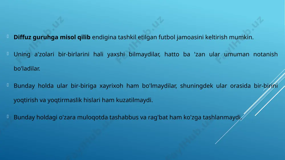 rida sport murabbiysi sportchio'smirlar uchun ota-onalari vazifasini ham o'tashi kerak bo'ladi. 3. yosh sportchi sevgan sport turiga bog'lanib qoladi. shuning uchun sport murabbiysining shaxsiy ibrati va aytgan har bir so'zi uning uchun qonun hisoblanadi. 4. murabbiylik ishining yana bir muhim xususiyatlaridan biri - uning ijodiy mazmunga ega ekanligidir. yangi narsani yaratish taraqqiyotning, mukammallikning va rivojlanishning birinchi shartidir. ijodiy yondashuvsiz, izlanish, o'rganishlarsiz murabbiyning faoliyatini tasavvur qilib bo'lmaydi. image1.jpg /docprops/thumbnail.jpeg