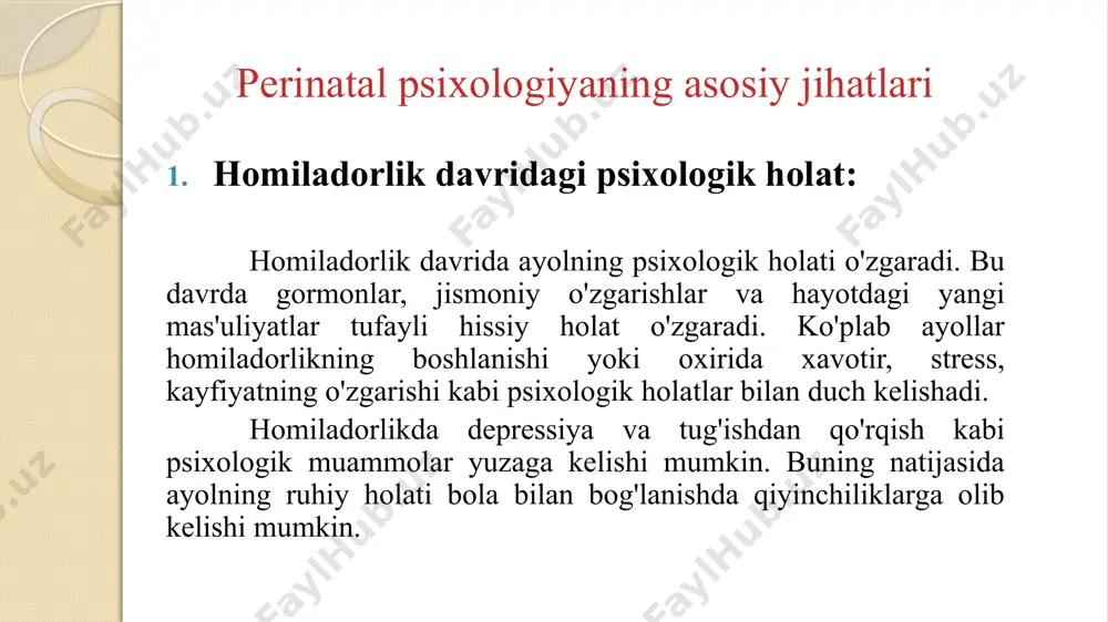 dalanilgan adabiyotlar ro‘yxati o'zbekiston milliy ensiklopediyasi. perinatal psixologiya bo'limi. ﻿﻿apa (american psychological association) maqolalari. ﻿﻿vygotsky l.s., bola psixologiyasi asoslari. ﻿﻿zamonaviy perinatal tadqiqotlar jurnalidagi maqolalar. psychology of pregnancy and childbirth" by karen l. g. – homiladorlik va tug'ish davrida ayolning psixologik holatiga bag'ishlangan kitob, bunda perinatal psixologiyaning turli jihatlari ko'rib chiqiladi, jumladan, stress, xavotir va onalikka tayyorlanish. e’tiboringiz uchun rahmat media1.wav image2.wmf image3.png image4.jpg media2.wav /docprops/thumbnail.jpeg