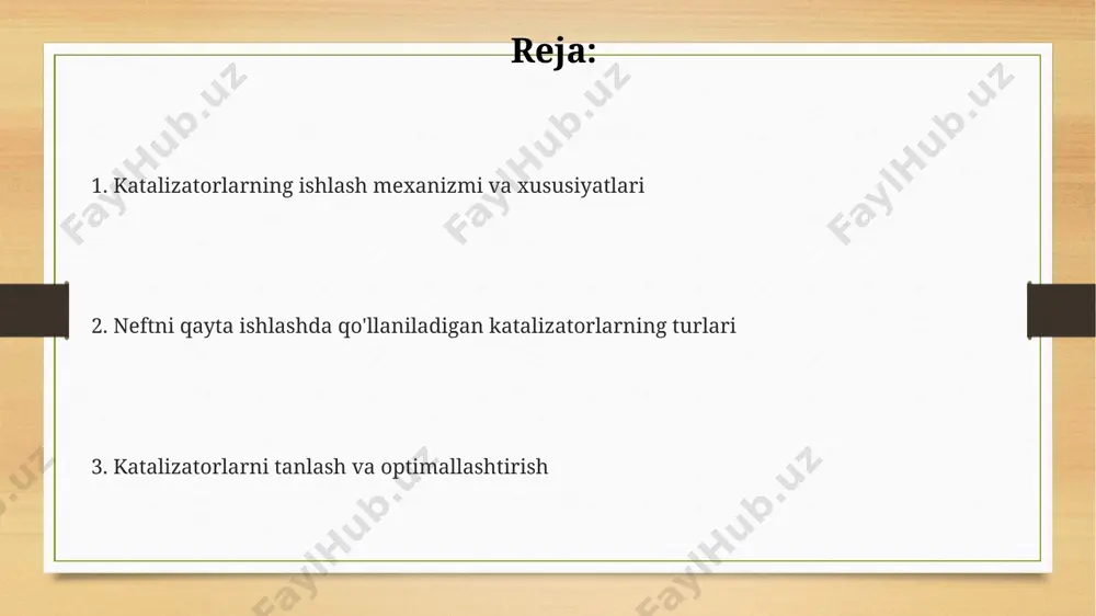 g katalitik faolligi va selektivligi ularning kristall tuzilishi, si/al nisbati va ishlatiladigan modifikatorlarning turiga bog'liq bo'lib, bu parametrlarni o'zgartirish orqali katalizatorning xususiyatlarini boshqarish mumkin. zamonaviy neftni qayta ishlash zavodlarida zeolit katalizatorlarining 90% dan ortig'i kreking va izomerizatsiya jarayonlarida ishlatiladi, bunda ular uglevodorodlarning molekulyar massasini kamaytirish va benzinning oktan sonini oshirishga xizmat qiladi. ekologik jihatlar va katalizatorlarning qayta ishlanishi neftni qayta ishlashda ishlatiladigan katalizatorlarning 50% gacha qismi o'zining foydali xususiyatlarini yo'qotgandan keyin chiqindi sifatida hosil bo'ladi, bu esa atrof-muhit ifloslanishiga olib keladi. katalizatorlarni qayta ishlash jarayoni murakkab va qimmatga tushadi, bu esa 20-30% gacha bo'lgan qayta ishlash samaradorligiga olib keladi. nikel, vanadiy va temir kabi og'ir metallarning katalizatorlardan chiqishi tuproq va suvning ifloslanishiga olib keladi, bu esa 10 ppm dan yuqori konsentratsiyada ekologik muammolarni keltirib chiqaradi. katalizatorlarning ish mexanizmi katalizatorlar reaksiya aktivatsiya energiyasini 50-100 kj/mol ga kamaytirib, reaksiya tezligini 10 3 -10 6 marta oshiradi, bu esa neftni qayta ishlash jarayonlarini …