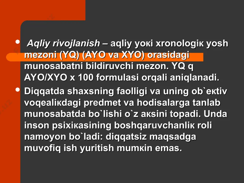 arsa va hodisalarga kishi diqqatining qay darajada qaratilganligi bilan bog`liqdir. diqqat — ongimizning muayyan ob`ektga yo`naltiqilishi va unda to`planishidan iborat psixik holatdir. ongimiz yo`naltirilgan narsalar diqqatning ob`ekti deb ataladi. ob`ektiv voqelikdagi narsa va hodisalar, shuningdek, sub`ektiv kechinmalarimiz, taassurotlarimiz diqqat ob`ekti bo`lishi mumkin. diqqat aql, hissiyot va iroda singari mustaqil ong sohasini tashkil qilmaydi, u har bir ong funksiyasi bilan birgalikda namoyon bo`ladi; shaxs diqqat bilan idrok, tasavvur va tafakkur qiladi, diqqat bilan esda qoldiqiladi va esga tushiradi. foydalanilgan adabiyotlar: 1. davis s. f. handbook of research methods in experimental psychology. – blackwell publishing ltd, 2003. – 515 p. 2. дружинин в.н. экспериментальная психология. – 2-е изд., перераб. и доп. – спб: изд-во «питер», 2000. – 320 с. 3. дружинин в.н. экспериментальная психология isbn 978-5-4237- 0073-7; 2011 г. 4. экспериментальная психология: практикум: учебное пособие для вузов/т. г. богданова, ю. б. гиппенрейтер, е. л. григоренко и др.; под ред. с. д. смирнова, …