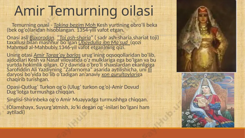 r temur tomonidan ozod qilinadi. mug’ul amirlari tug’uq temurga xat yozib “amir temurni isyon ko’tardi”, deb xabar berishgan. natijada tug’luq temur uni o’limga hukm qilgan. shundan keyin barlos urug’i bahodirlarini o’z atrofiga to’play boshlaydi. birinchi bo’lib unga ko’makdosh bo’lgan kishi iygu temur, ikkinchisi amir joku barlos. movorounnahr ulamo va shaxlari “amir temurga izzat-ikrom ko’rsatib, uni amir temur qutbi saltanati oliy deb atasunlar va uni ollohning yerdagi qudrati-saltanat taxtiga loyiq deb bilsunlar” fatvo chiqarib berishadi. samarqand tog’larida yig’ilgan oltmish kishilik qo’shin bilan ish boshlaydi va amir kulol maslahati bilan xorazmga yo’l oladi. amir temurning mug’ullarga qarshi kurashga kirishi 1361-yili amir husayn bilan birga xiva dorug’asi to’qol (tavakkal)ga qarshi jangi dastlabki yirik janglaridan biri hisoblanadi. shu jangda oltmish kishilik jangchi bilan ming kishilik qo’shinga qarshi kurashib, g’alabaga erishadi. o’zi aytganidek shu voqeadan keyin mug’ullar “cho’chiydigan bo’ldilar.” 1362-yili seyiston hukmdori malik qutbiddinga qarshi (tarafidan mekroniylarga qarshi g’alabasidan keyin) jangi (o’ng kifti va o’ng …