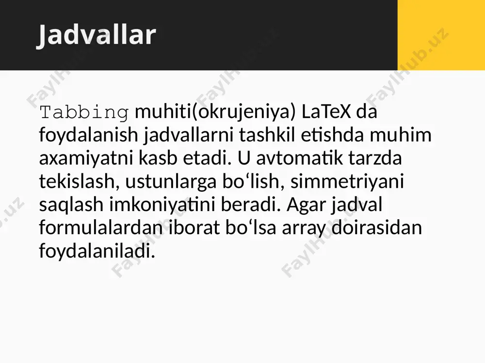 l elementi, chekkalari chiziq bilan chegaralanishi. \begin{document} \begin{tabular}{|l|l|l|l|} \hline \multicolumn{4}{|c|}{\textbf{populyarnыe napitki}}\\ \hline nazvanie & starыy melnik & bochkarev & ochakovskoe\\ \hline atribut&dushevnoe & pravilnoe & jivitelnoe\\ \hline sena & \multicolumn{2}{c|}{15} & \multicolumn{1}{c|}{14}\\ \hline \end{tabular} \end{document} misol: ba’zi xollarda gorizontal chiziq chizishda, faqat ma’lum qismini chizish kerak bo‘ladi. bu xollarda \hline o‘rniga \cline komandasidan foydalanish mumkin. misol: \begin{document} \begin{tabular}{lr@{--}l@{\qquad obed\quad}r@{--}l} ponedelnik & $8^{30}$ & 15 & 11 & 12 \\ vtornik & 12 & 19 & 15 & 16 \\ sreda & 10 & 17 & $12^{30}$ & $13^{15}$ \\ chetverg & 9 & 17 & 12 & 13 \\ pyatnitsa & 11 & 16 & &\\ subbota & 8 & 14 & 11 & 12\\ \end{tabular} \end{document} https://ru.overleaf.com/learn/latex/page_size_and_margins e’tiboringiz uchun rahmat! image2.png image3.png image4.png image5.png image6.png image7.png image8.png image9.png image10.png image11.png image1.png /docprops/thumbnail.jpeg