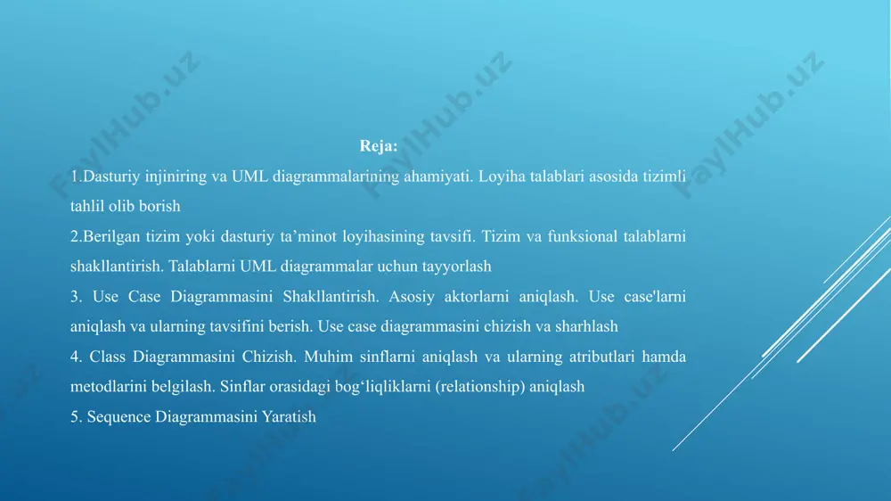 ng qanday vazifalarni bajarishi ko’rsatilgan dasturiy ta'minot injiniringida yagona modellashtirish tilidagi (uml) sinf diagrammasi tizim sinflarini, ularning atributlarini, operatsiyalarini (yoki usullarini) va ob'ektlar o'rtasidagi munosabatlarni ko'rsatish orqali tizim tuzilishini tavsiflovchi statik struktura diagrammasi turidir agar foydalanuvchi tizimni, ayniqsa obyektga yo'naltirilganni tasavvur qilmoqchi bo'lsa, bizga uml sinf diagrammasi kerak bo'ladi. ushbu diagramma tizim artefaktlarini belgilash, hujjatlashtirish, vizualizatsiya qilish va qurish uchun qabul qilingan standart tildir. bundan tashqari, agar foydalanuvchi har bir sinfning munosabatlarini ko'rishni xohlasa, uml sinf diagrammasi to'g'ri diagramma hisoblanadi. u hammani bir sahifada ushlab turadi. diagramma yordamida foydalanuvchilar tizim, biznes va boshqalar bilan nima yuz berishi mumkinligi haqida ko'proq ma'lumotga ega bo'ladilar. ketma-ketlik diagrammasi (sequence diagram) — bu uml (unified modeling language) diagramlaridan biri bo‘lib, u tizim yoki dasturiy ta’minotda turli obyektlar o‘rtasidagi o‘zaro aloqalarni vaqt o‘qi bo‘ylab tasvirlaydi. ketma-ketlik diagrammasining asosiy elementlari: obyektlar (objects) – tizim ichidagi turli komponentlar yoki modullar. hayot chizig‘i (lifeline) – obyekt yoki aktyorning …