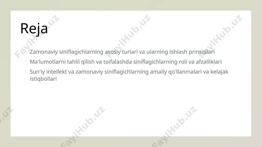 ariga mos keladigan, moslashuvchanlik va aniqlikni ta'minlab, real dunyo muammolarida keng qo'llaniladi, masalan, tibbiyot va moliya. tanlovda modelning murakkabligi, hisoblash imkoniyatlari va ma'lumotlarning o'ziga xos xususiyatlari hisobga olinadi, to'g'ri siniflagich muhim qaror bo'ladi. siniflagichlarning afzalliklari va ularni tanlashda e'tibor berish muhim jihatlar. aniqlik va samaradorlik moslashuvchanlik va keng qo‘llanilishi tanlashda e'tibor beriladigan jihatlar zamonaviy siniflagichlar yuqori aniqlik bilan ma'lumotlarni toifalash imkonini beradi, bu esa qaror qabul qilishda ishonchlilikni oshiradi. bu algoritmlar turli sohalarda, masalan, tibbiyot, bank va e-tijoratda keng qo‘llaniladi, ularning moslashuvchanligi esa murakkab muammolarga javob beradi. siniflagichni tanlashda ma'lumotlarning xususiyatlari, algoritmning hisoblash quvvati va modelning umumiy ishlash ko‘rsatkichlari muhim ahamiyatga ega. sun'iy intellekt asosida zamonaviy siniflagichlarning amaliy qo'llanmalari 1 sun'iy intellekt asosidagi siniflagichlar - bu siniflagichlar katta ma'lumotlar bazalariga asoslangan bo‘lib, avtomatik tarzda toifalar va kategoriyalarni aniqlash uchun ishlatiladi, masalan, email spam va ta’lim materiallarini ajratish. 2 real vaqtda qo‘llanish - zamonaviy siniflagichlar real vaqtda ma'lumotlarni tahlil qilib, shaxsiylashtirilgan …