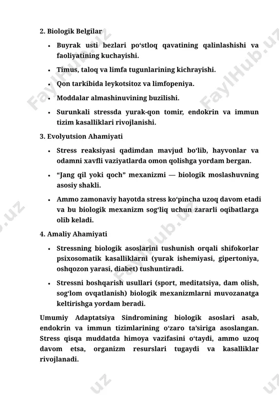 (eustress). · surunkali stress esa uasning charchash bosqichiga olib kelib, sog‘liq uchun xavf tug‘diradi. · stressni boshqarish usullari (sport, meditatsiya, vaqtni to‘g‘ri taqsimlash, ijobiy muloqot) uasning salbiy oqibatlarini kamaytiradi. stressning turli shakllari organizmga turlicha ta’sir qiladi. qisqa muddatli stress (eustress) motivatsiya va faoliyatni oshirsa, uzoq davom etuvchi surunkali stress (distress) esa uasning charchash bosqichiga olib kelib, sog‘liq uchun xavf tug‘diradi. shuning uchun stressni boshqarish va uni ijobiy kuchga aylantirish juda muhimdir. umumiy adaptatsiya sindromining salomatlikka ta’siri umumiy adaptatsiya sindromi (uas) — bu organizmning kuchli stress omillariga javoban ko‘rsatadigan fiziologik va psixologik reaksiyalar majmui. u qisqa muddatda himoya vazifasini o‘taydi, ammo uzoq davom etsa, sog‘liq uchun jiddiy xavf tug‘diradi. 1. qisqa muddatli ta’sirlar · yurak urishi tezlashadi, qon bosimi ko‘tariladi. · qon tarkibida glyukoza ko‘payadi, mushaklarga ko‘proq energiya yetkaziladi. · hushyorlik va diqqat kuchayadi. bu holatlar qisqa muddatda foydali bo‘lib, odamni xavfli vaziyatdan himoya qiladi. 2. uzoq muddatli ta’sirlar agar stress …