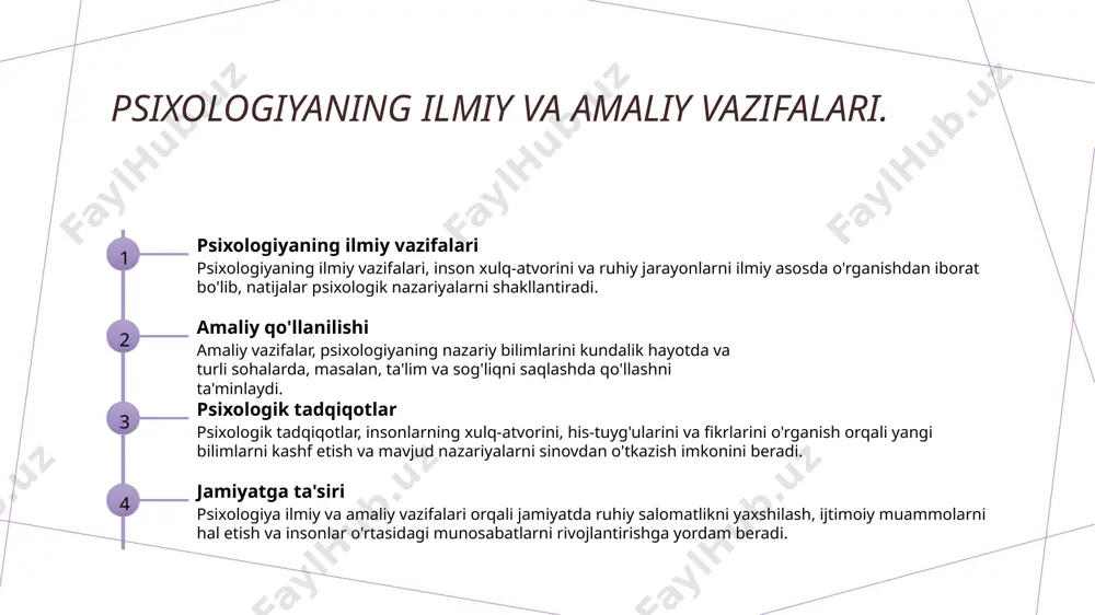 vlarga ta'sir qiladi. madaniy kontekst, ijtimoiy muhitning bir qismi sifatida, odamlarning fikrlash uslublari, qadriyatlari va xulq-atvorini belgilovchi muhim omildir. odamlar o'rtasidagi o'zaro munosabatlar, ijtimoiy muhitning qismi sifatida, shaxsning psixologik holati va xulq-atvoriga bevosita ta'sir ko'rsatadi. inson xulq-atvorini shakllantiruvchi omillar: biologiya va psixologiya. biologik omillar biologik omillar inson xulq-atvorini shakllantirishda muhim rol o'ynaydi. genetika, neyrotransmitterlar va miya tuzilishi xulq-atvorni belgilaydi. psixologik omillar psixologik omillar inson xulq-atvorini tushunishga yordam beradi. emotsiyalar, motivatsiya va shaxsiy tajribalar xulq-atvorni shakllantiradi va rivojlantiradi. biologiya va psixologiya biologiya va psixologiya o'rtasidagi o'zaro ta'sir insonning xulq-atvorini yanada chuqurroq anglash imkonini beradi, bu esa psixologik tadqiqotlar uchun muhimdir. xulq-atvorning o'zgarishi: o'zgarish jarayonlari va psixologik yondashuvlar. 1 o'zgarish jarayonlari inson xulq-atvorining o'zgarishi, ko'pincha, rivojlanish, ta'lim va ijtimoiy muhit ta'sirida sodir bo'ladi, bu jarayonlar psixologiyada muhim o'rin tutadi. 2 psixologik yondashuvlar turli psixologik yondashuvlar (behaviorizm, kognitiv psixologiya, psixoanaliz) xulq-atvor o'zgarishlarini tushunish va ta'sir etishda muhim rol o'ynaydi. 3 o'zgarishning omillari xulq-atvor …