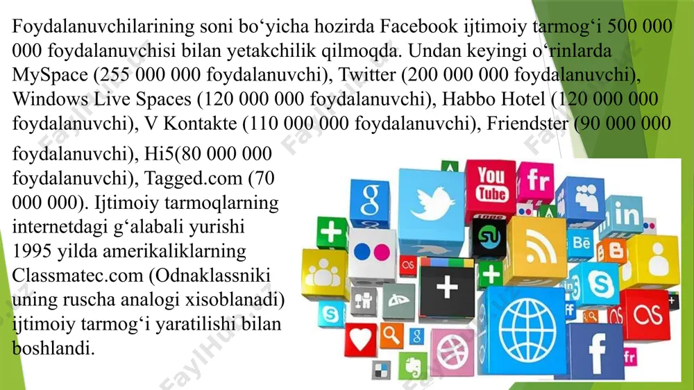 oshlangan. saytning o'z statistik ma'lumotlariga ko'ra, 2011 yil iyul holatiga ko'ra, 100 milliondan ortiq foydalanuvchi, 2012 yil mart holatiga ko'ra 156 milliondan ortiq foydalanuvchi, 2013 yil 1 yanvar holatiga ko'ra 205 milliondan ortiq foydalanuvchi, 2016 yilda 290 milliondan ortiq foydalanuvchi, 2017 yilda esa 330 milliondan ortiq foydalanuvchi. mediascope web index ma'lumotlariga ko'ra, 2020 yil dekabr holatiga ko'ra birgina rossiyadan oylik tashrif 45,9 million kishini tashkil etadi. 2017 yil dekabr oyida o'tkazilgan so'rov natijalariga ko'ra. vtsiom, rossiya internet foydalanuvchilarining 19% odnoklassniki akkauntlaridan har kuni/deyarli har kuni foydalanadi. feysbuk (facebook.com) ijtimoiy tarmog‘i maqsad va vazifalari. 2004 yili garvard universiteti talabasi mark sukerberk mashxur facebook saytini ishga tushurishga muvaffaq bo’ldi. avvaliga facebok shunchaki talabalar uchun xabar almashuv sayti bo’lishi rejalashtirilgan edi . lekin atiga 1 oy ichida ushbu saytga 200 000 dan ortiq inson tashrif buyurdi. shundan so’ng mark saytning kelajagi porloq ekanligini tushundi va uni ommalashtirish ishlarini boshlab yubordi . ayni vaqtda …