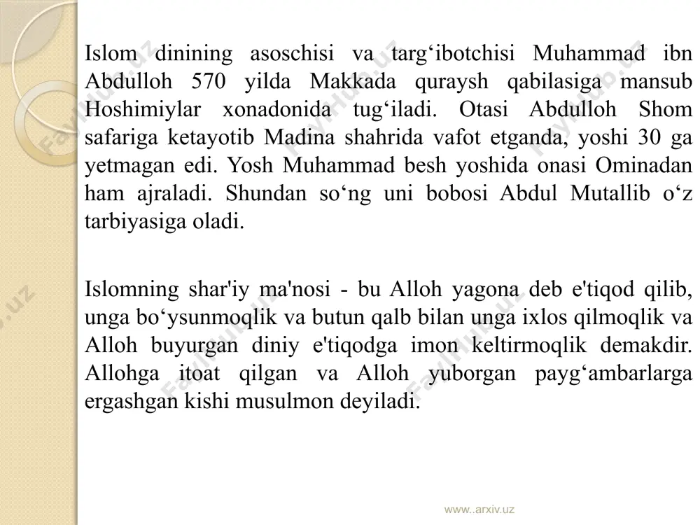 agilar qiyomat alomatlaridir, deganlar: - ilmning susaymog‘i; - jaholatning kuchaymog‘i; - zinoning avj olmog‘i; - xotinlarning ko‘paymog‘i; - erkaklarning ozaymog‘i” www..arxiv.uz «mo‘min kishiga vafotidan keyin savobi tegib yetib turadigan amali solihlar quyidagilardir: 1. tarqatgan ilmi. 2. qoldirgan solih farzandi. 3. meros qoldirgan qur’oni. 4. qurgan masjidi. 5. yo‘lovchilar uchun qurgan mehmonxonasi. 6. qazigan arig‘i. 7. tirikligida va sog‘lomligida sadaqa - ehson uchun ajratgan moli”. www..arxiv.uz e’tiboringiz uchun raxmat. www..arxiv.uz image2.jpeg image3.jpeg image4.jpeg image5.jpeg image6.jpeg image7.jpeg /docprops/thumbnail.jpeg