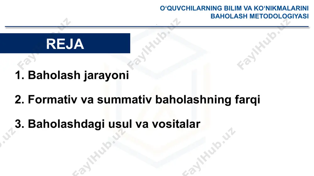 un baholash): norasmiy ta’lim jarayoniga o‘zgartirish kiritish imkonini beradi qayta aloqa mavjud o‘quvchilarning bilim va ko‘nikmalarini baholash metodologiyasi xulosalovchi (summativ) baholash – ta’lim dasturi yoki uning bir qismi so‘ngida erishilgan natijani rasmiy baholash. (isaacs et al, 2013) o‘quvchilarning bilim va ko‘nikmalarini baholash metodologiyasi xulosalovchi (summativ) baholash: baho berish: ta’lim oluvchiga baho berish ta’lim beruvchiga baho berish tanlash: belgilangan talabga javob beradiganlarni tanlash cheklangan kvota sharoitida tanlash o‘quvchilarning bilim va ko‘nikmalarini baholash metodologiyasi baholash vositalari: test yozma ish og‘zaki so‘rov loyiha portfolio … … … e’tiboringiz uchun rahmat! image1.jpg image2.png image3.jpg image4.jpeg image5.jpeg image6.jpeg image7.jpg image8.jpeg image9.jpeg image10.jpeg image11.jpeg image12.jpeg /docprops/thumbnail.jpeg