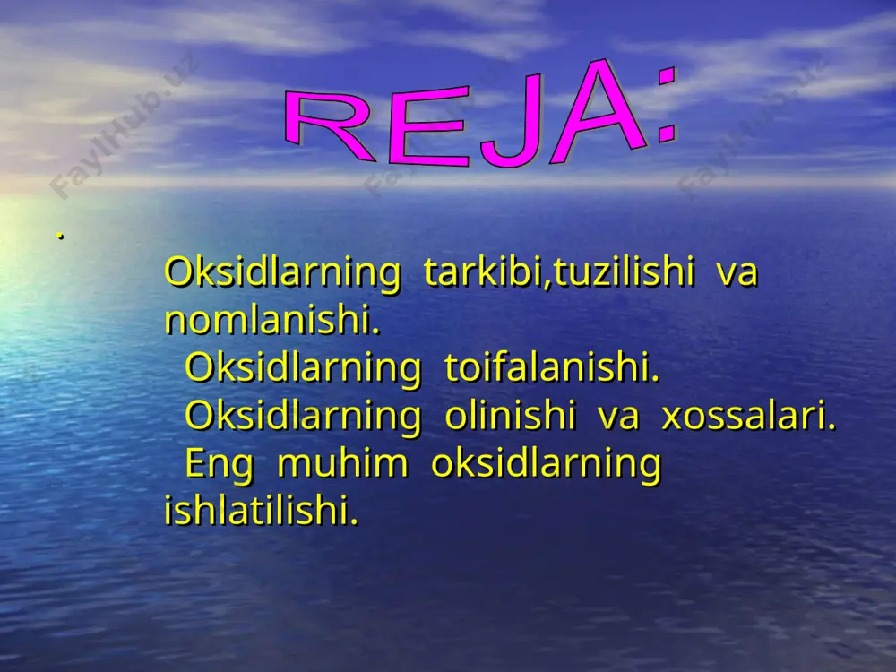 (oh)2+co2=caco3+h2o 3. asosli oksidlar bilan reaksiyaga kirishganda tuz hosil bo’ladi; na2o+so3=na2so4 tabiatda uchraydigan asosli oksid lardan fe va cu oksidlari bevosita metal olishda xom-ashyo sifatida ishlatiladi. zno,fe2o3 va cr2o3 kabi oksidlar bo’yoqlar tarkibini tashkil etadi.turmushda keng qo’llaniladigan asosli oksidlardan biri kalsiy oksid bo’lib,u ohaktoshni kuydirish yo’li bilan olinadi. 4.uy vazifasi bo`yicha ishlash 5+1 metodi 3 guruhga o`zlari tayyorlangan mavzulari bo’yicha tarqatma materiallar beriladi va ishlanadi. asosli oksid kislotali oksid amfoter oksid 5.laboratoriya ishi bajarish.oksidlar eritmasining indikatorlarga tasirini o’rganish. slayd qo`yiladi,bir vaqtning o`zida o`qituvchi o`quvchilar birga ishlaydilar. stakanga 50ml suv quying va unga 2-3 bo`lak cao soling. sodir bo`lgan hodisani kuzating.eritma tingach shaffof qismidan 3 ta probirkaga 2-3 ml dan soling lakmus f/f metil zarg`aldog`i rang o`zgarishini kuzating . 2:cuo mis (ii)-oksiding suvga tasiri. probirkaga cuo mayda bo`lakchalari yoki kukunidan soling,ustiga 5-10 ml suv quying.yaxshilab kuzating. 3,fosfor (v)-oksidining suv bilan ta’sirini kuzating. lakmus f/f metil zarg’aldog’i natijalar daftarga yoziladi, xulosa qilinadi. …